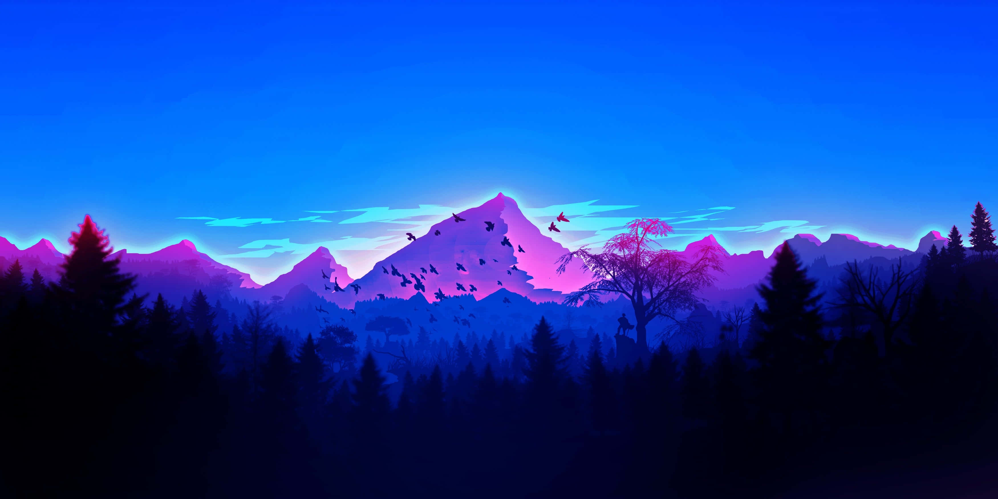 A Purple And Blue Mountain Landscape With Trees Wallpaper
