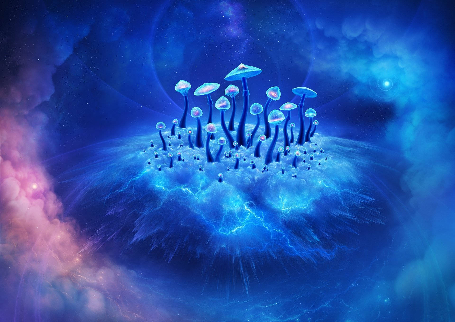 Blue Mushrooms On Psychedelic Cloud Wallpaper