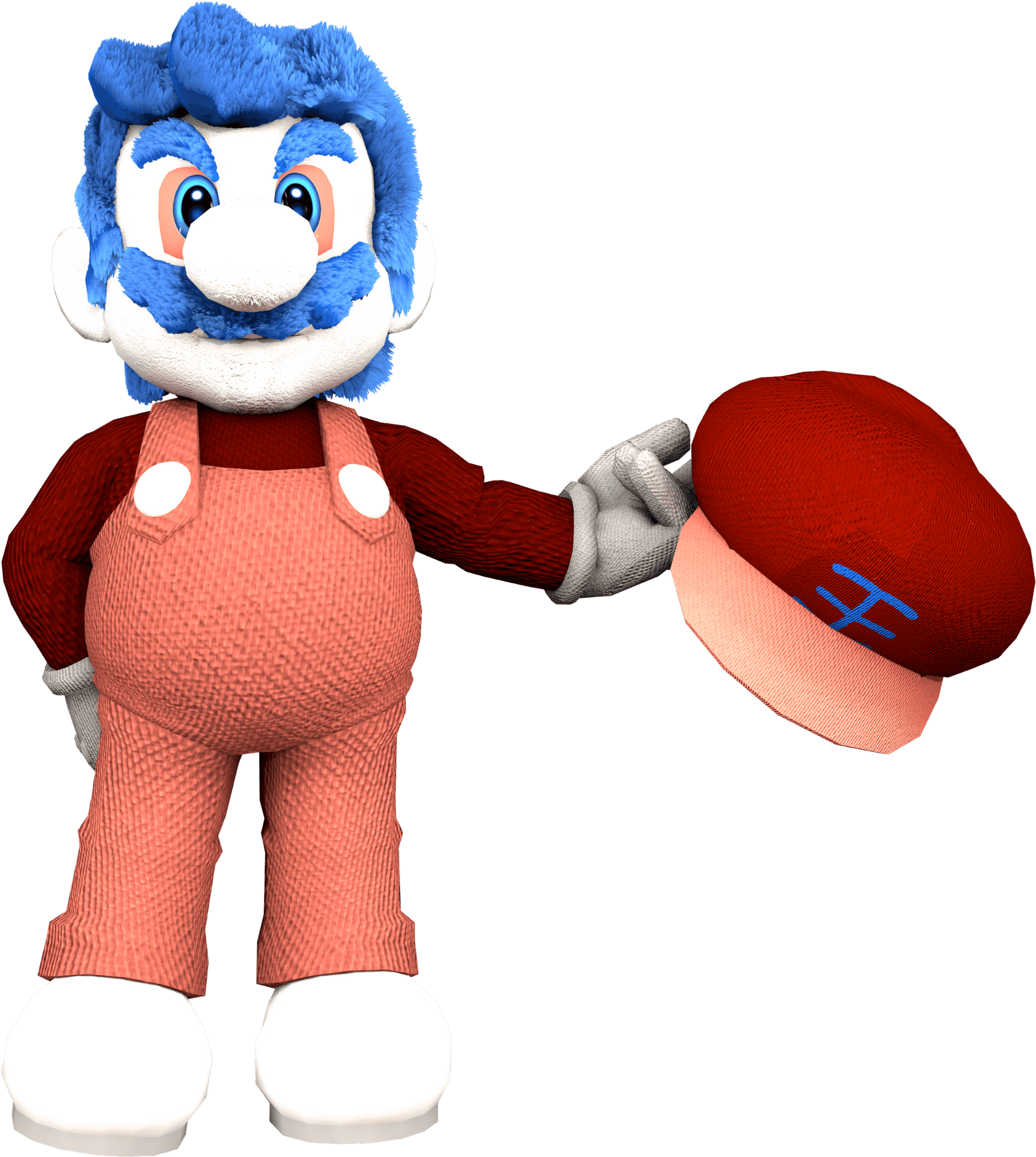 Blue Mustached Character Holding Hat PNG