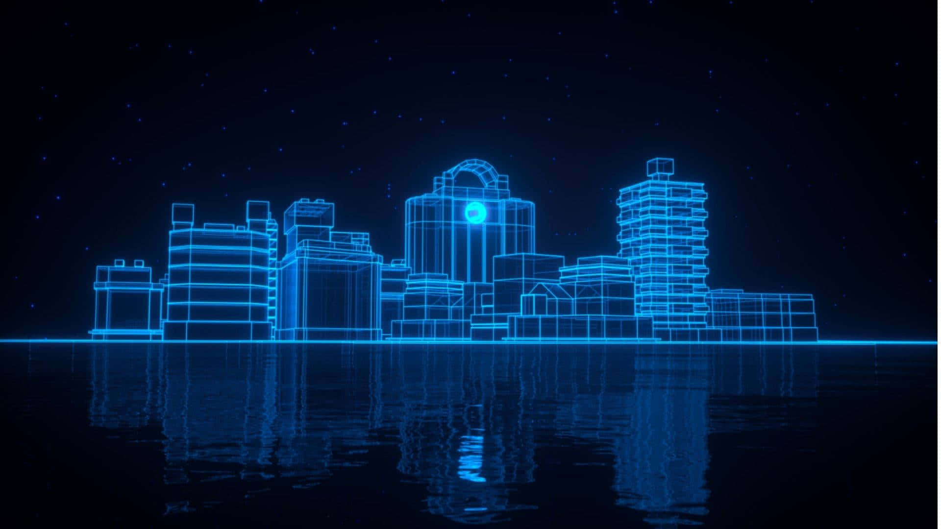 A Cityscape With Blue Lights And A Blue Background Wallpaper