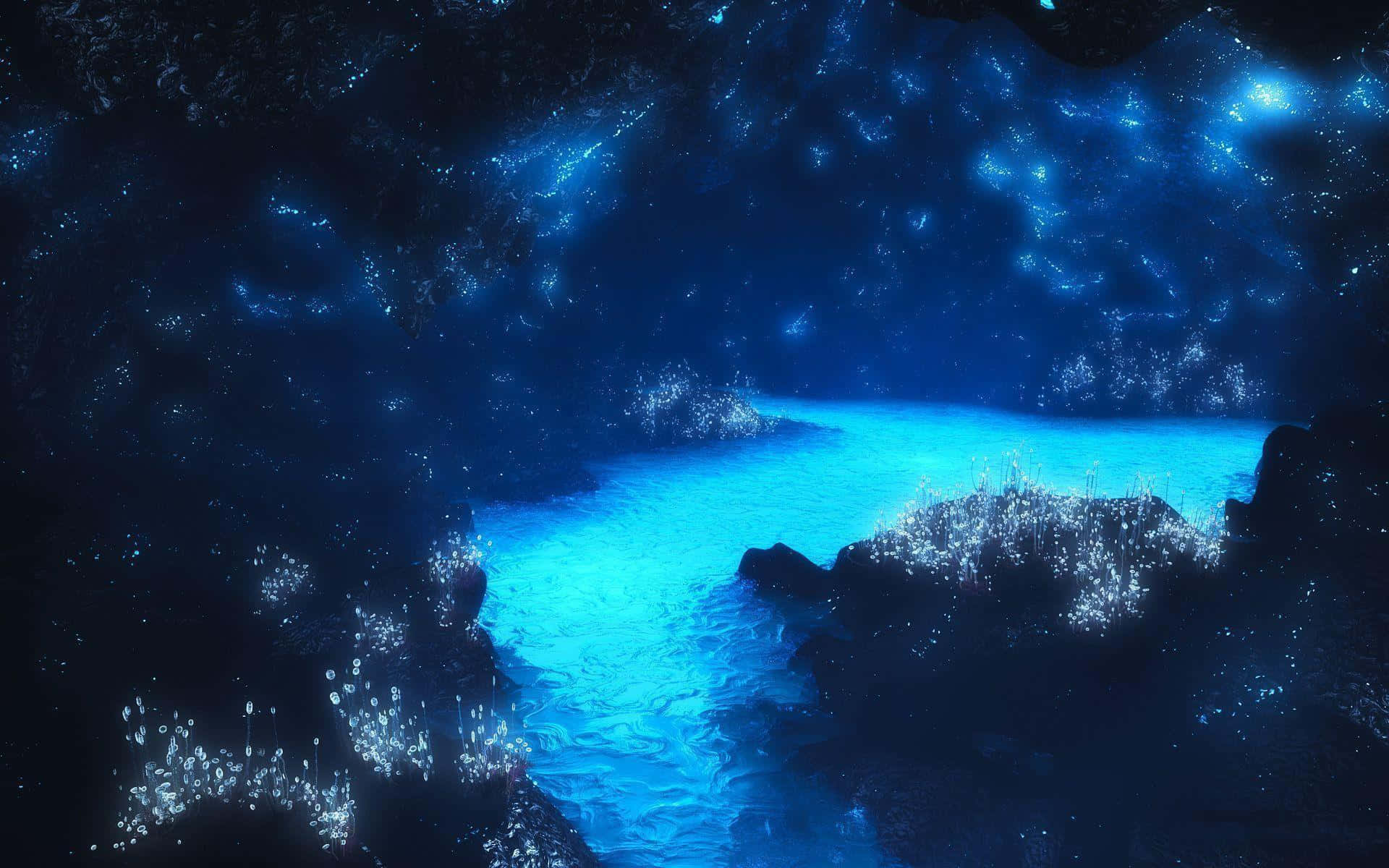 A Blue Cave With A River In It Wallpaper