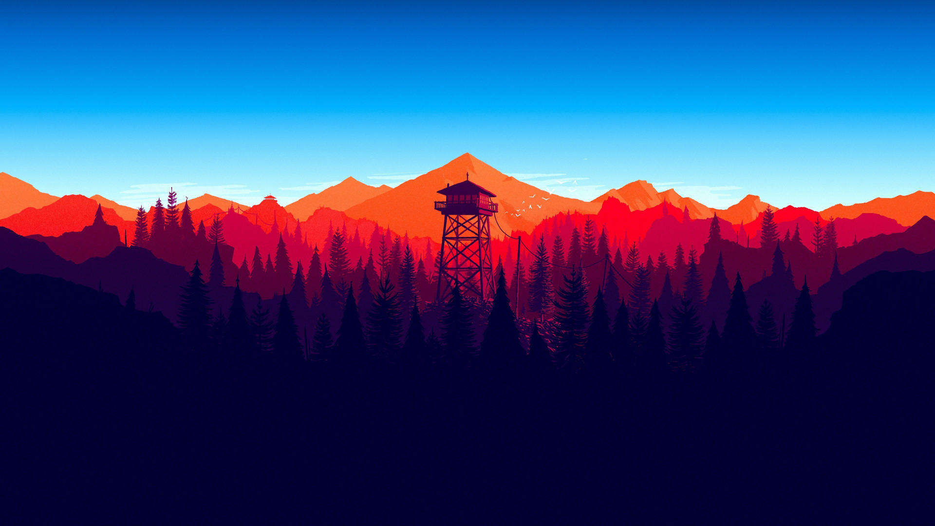 A Firewatch tower's orange and blue colors illuminate the night sky Wallpaper