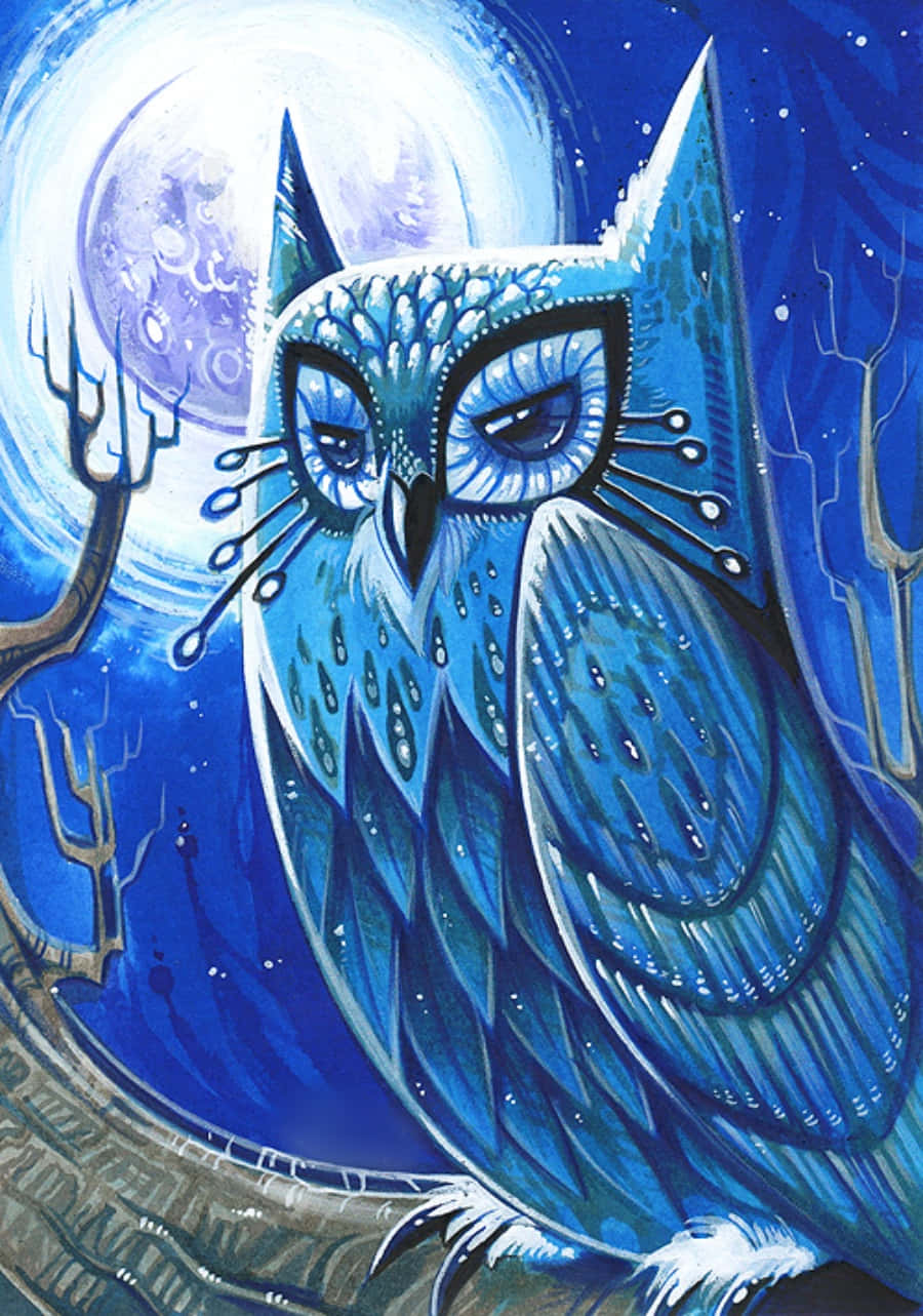 Look at the beautiful blue owl perched on a tree limb!
