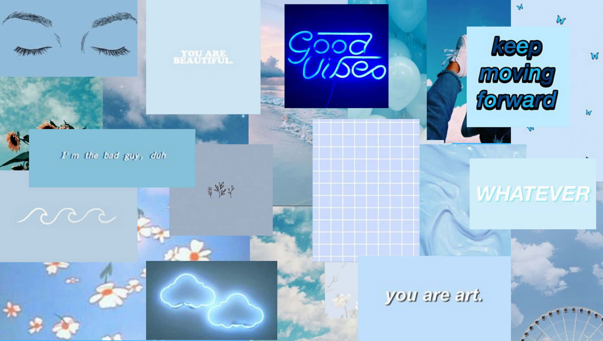 A Collage Of Blue Pictures With The Words'whatever'