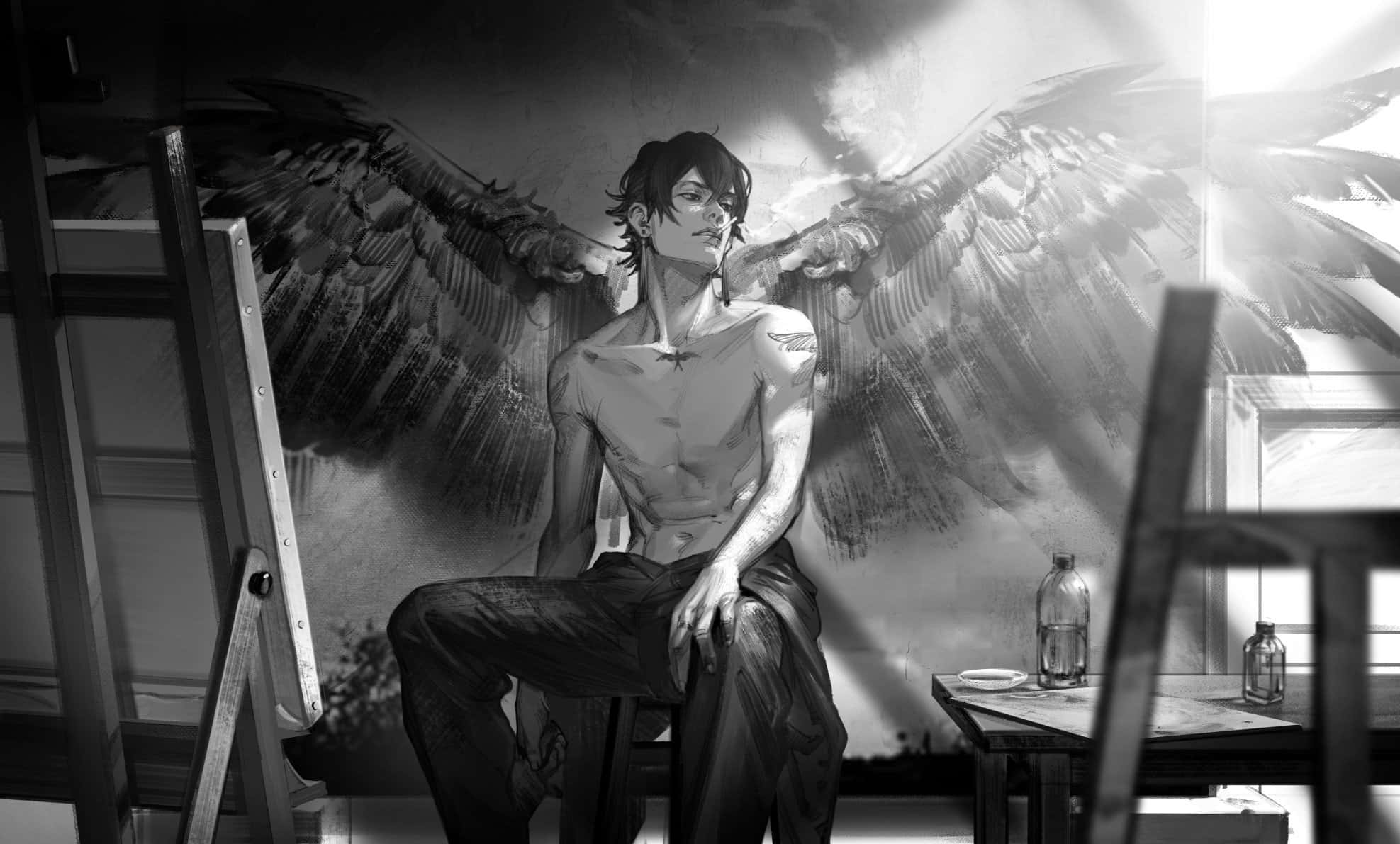 A Man With Wings Sitting On A Chair