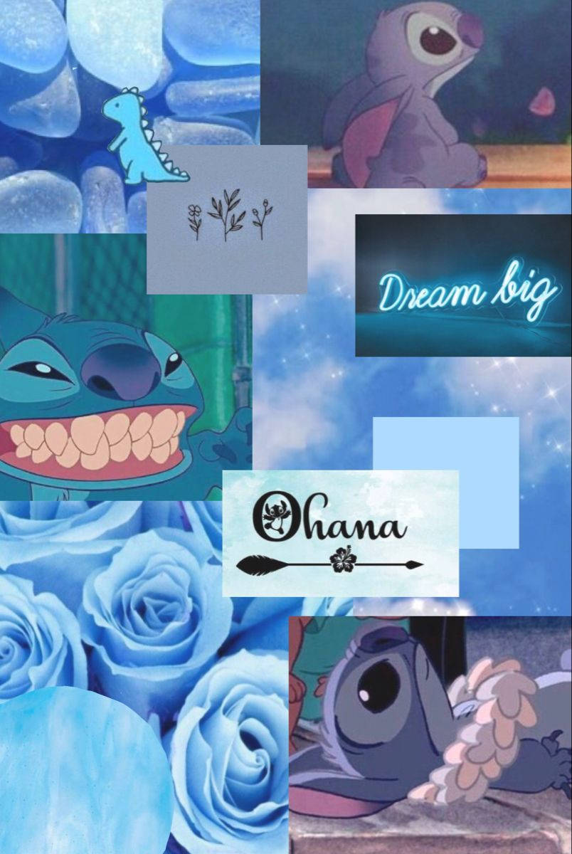 Blue Roses, Lights, And Stitch Collage Wallpaper