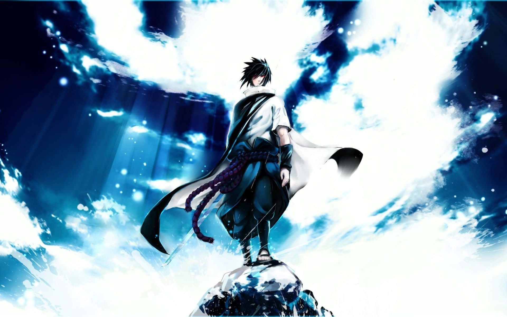 Kølig blå Sasuke skærer gennem en mørk sky. Wallpaper
