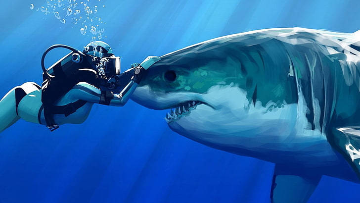 Blue Shark Diver Painting Wallpaper