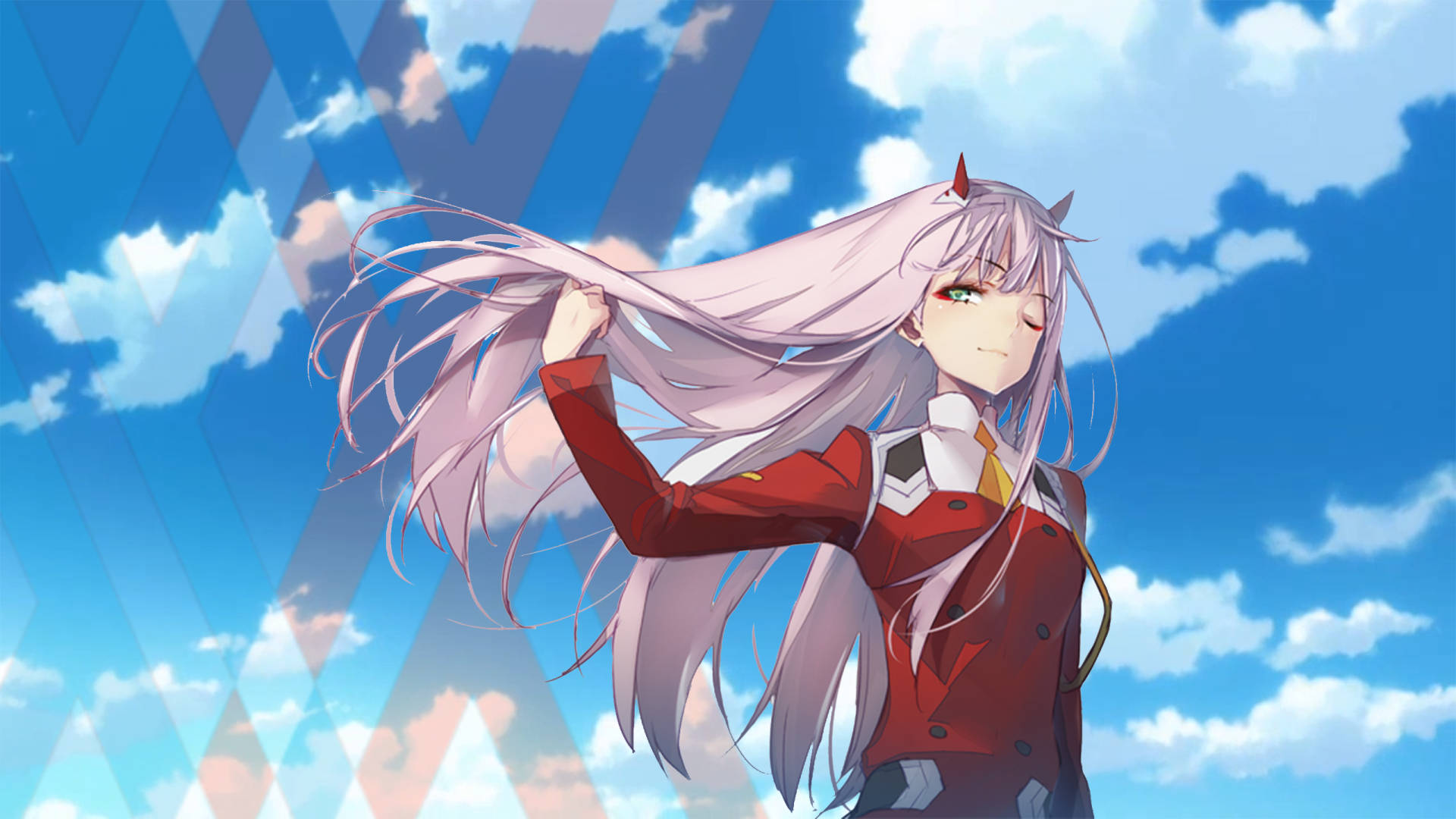 Two kids find a peaceful moment as they fly through the blue sky in Darling In The Franxx. Wallpaper