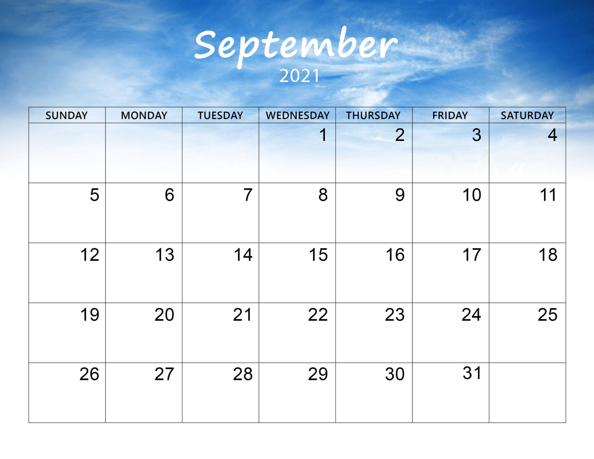 Blue Sky September Calendar 2021
