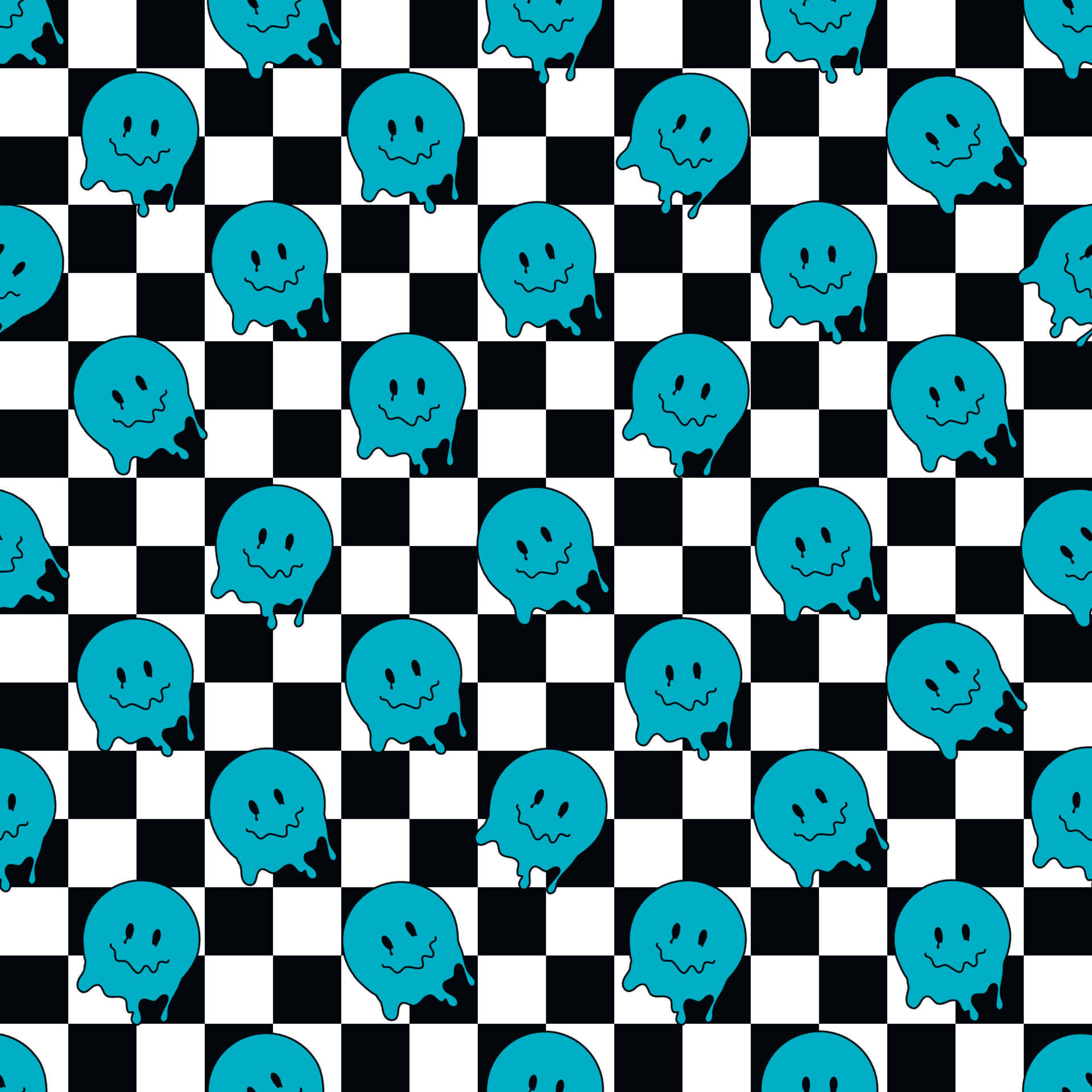 Blue Smiley Ghost Pattern Checkered Background Wallpaper