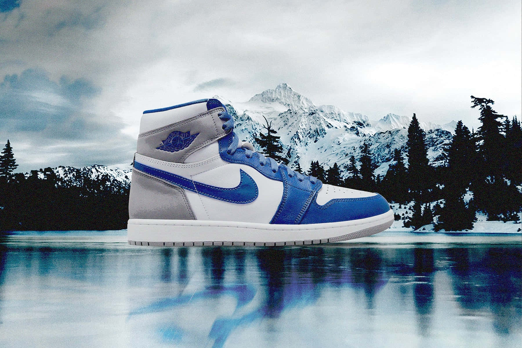 Blue Sneaker Winter Mountain Backdrop Wallpaper
