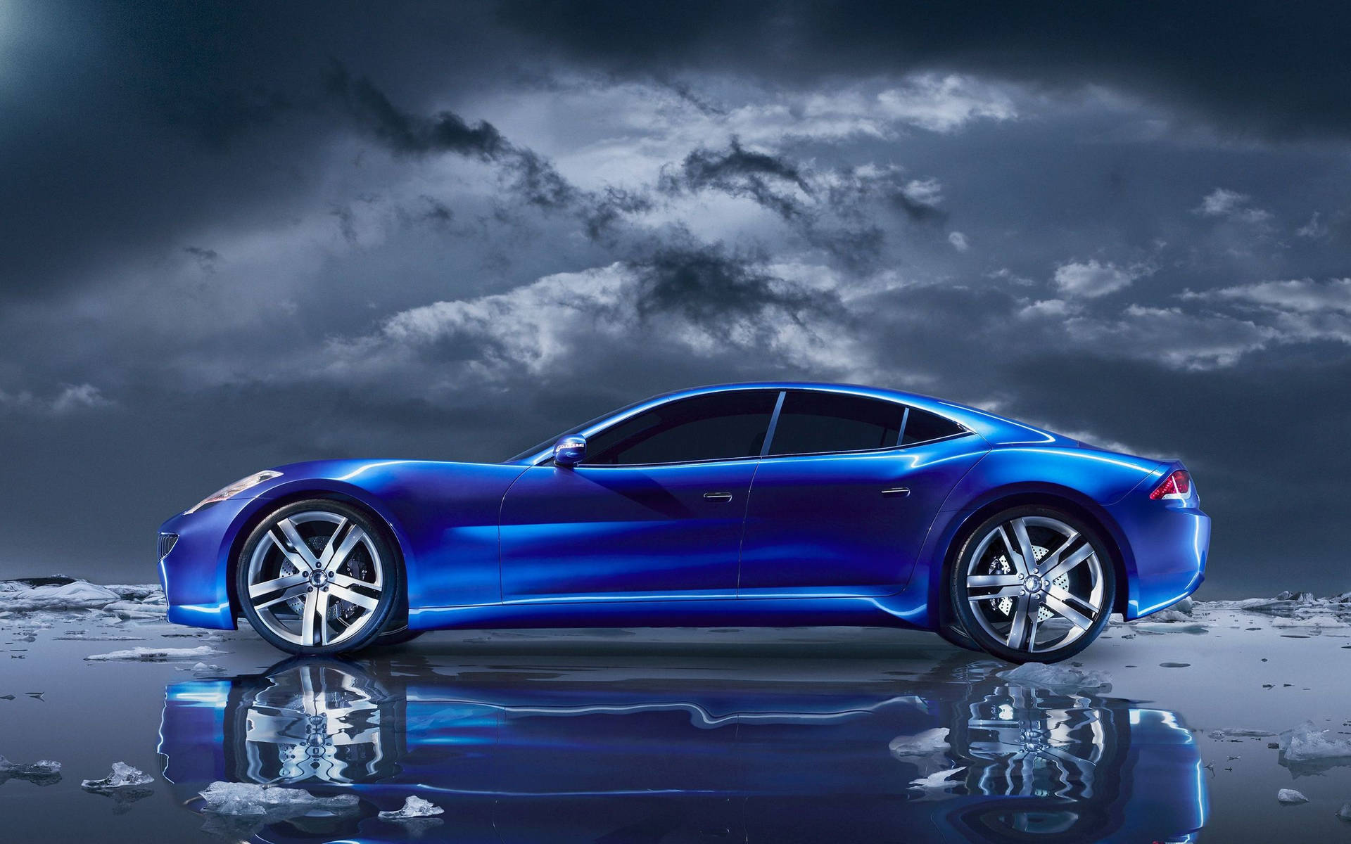 Blue Sports Car Under A Gloomy Sky Wallpaper