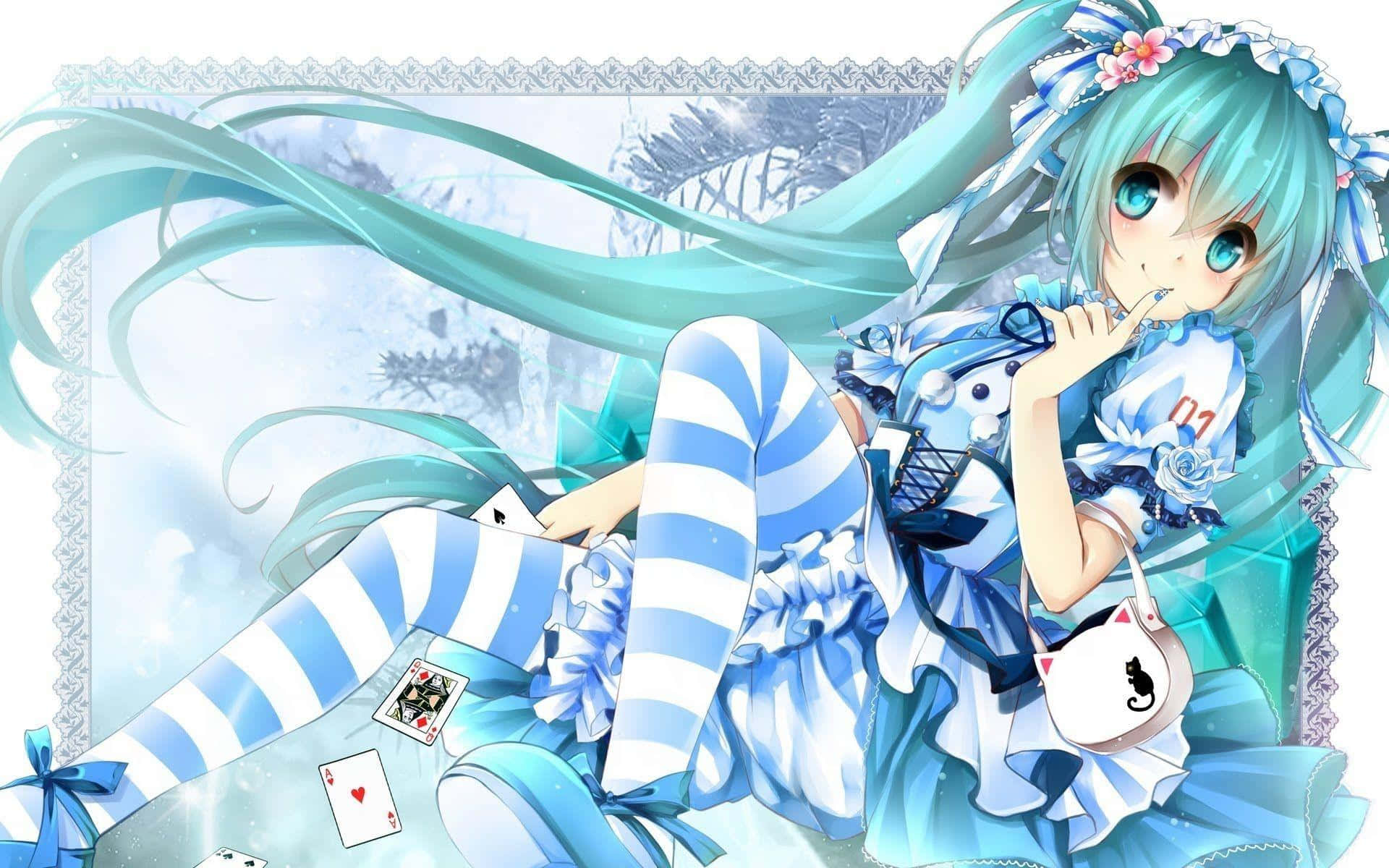 Blue Striped Anime Girl Cutecore Wallpaper