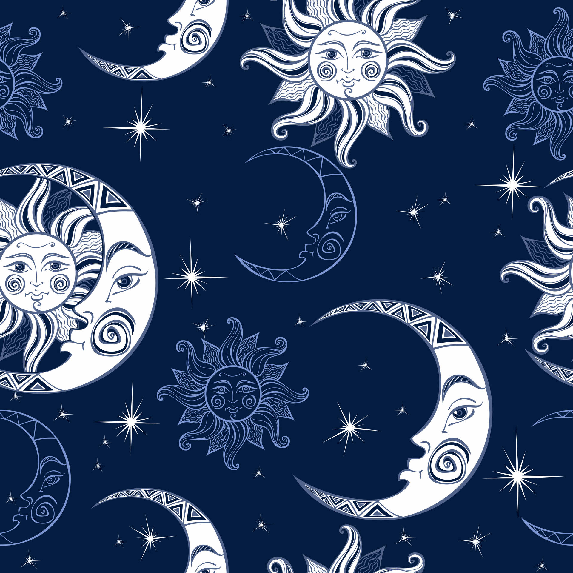 Blue Sun, Moon, And Stars Wallpaper