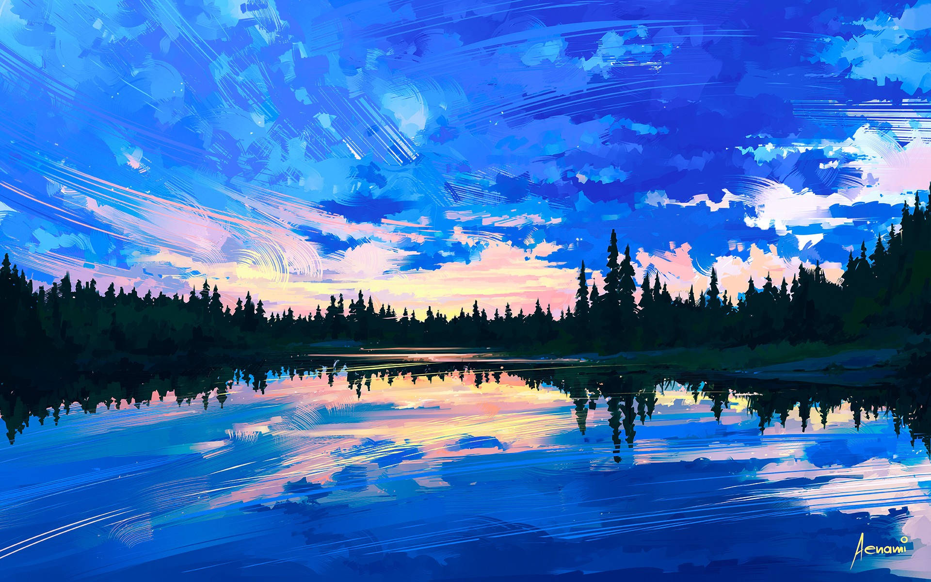 Blue Sunset Clouds Painting Wallpaper