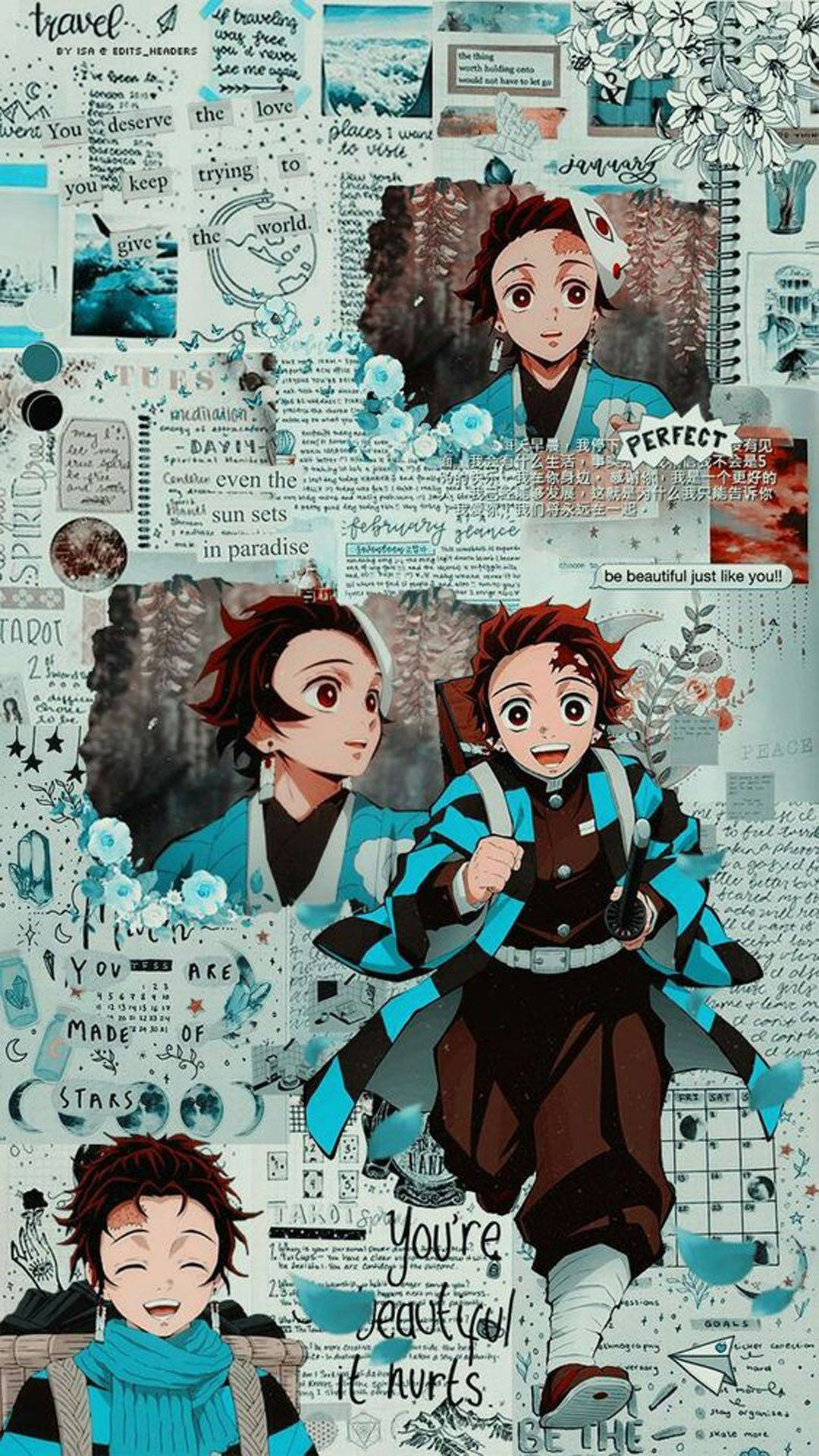 Blue Tanjiro Aesthetic Collage Background