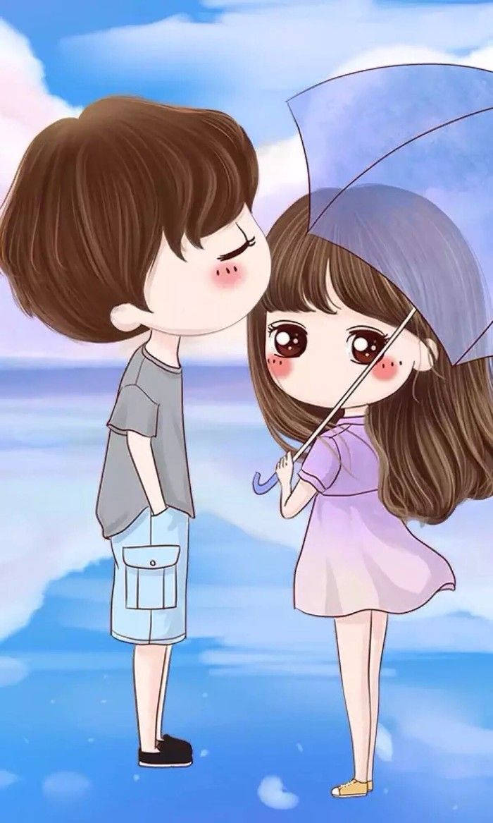 Blue-themed Cute Couple Cartoon Wallpaper