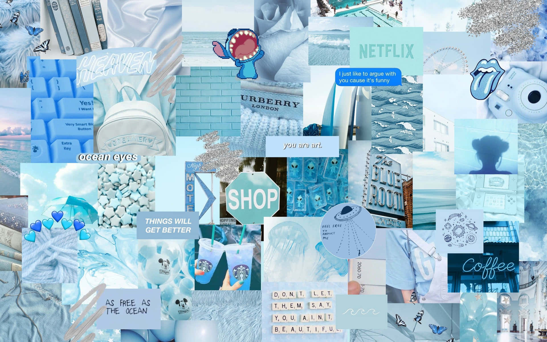 A Collage Of Blue And White Pictures Wallpaper