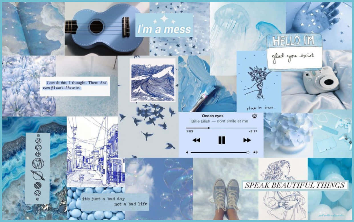 A Collage Of Blue Pictures And Words Wallpaper