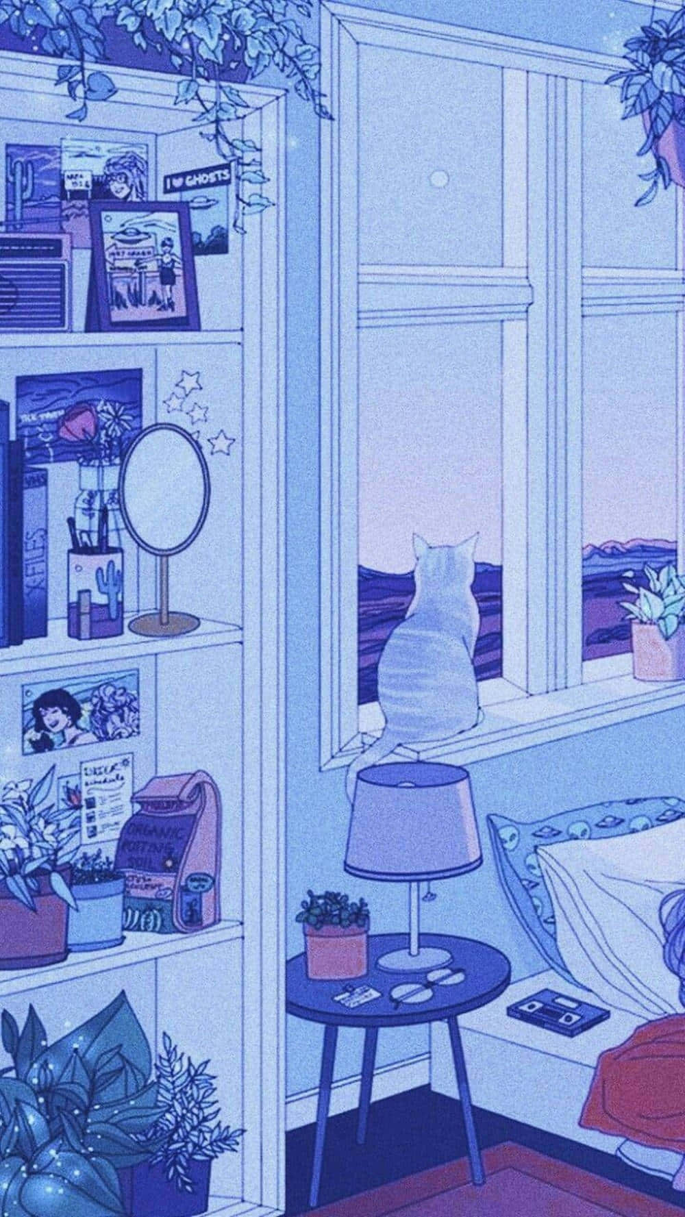 Blue Toned Anime Roomwith Cat Wallpaper