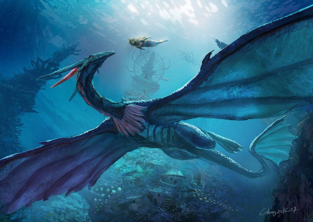 Blue Water Dragon Swims Wallpaper