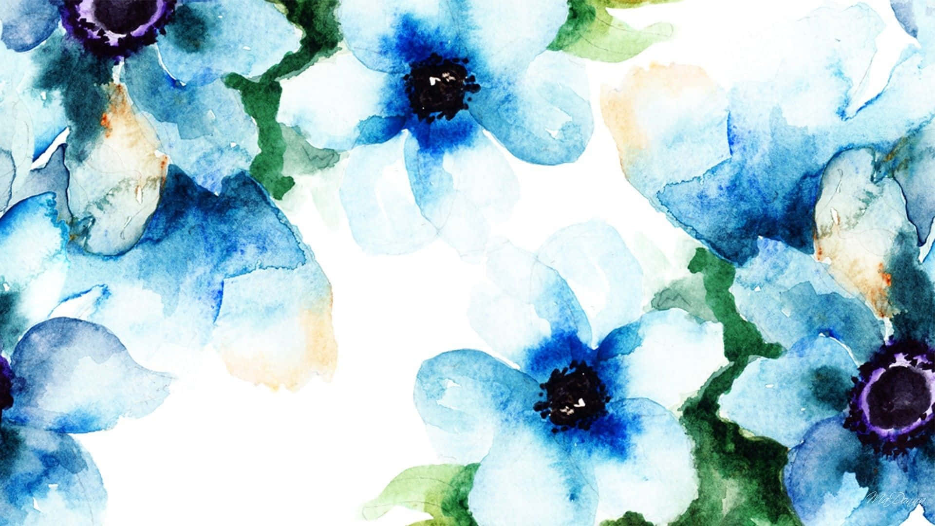 Flowers With Violet Centers Blue Watercolor Background