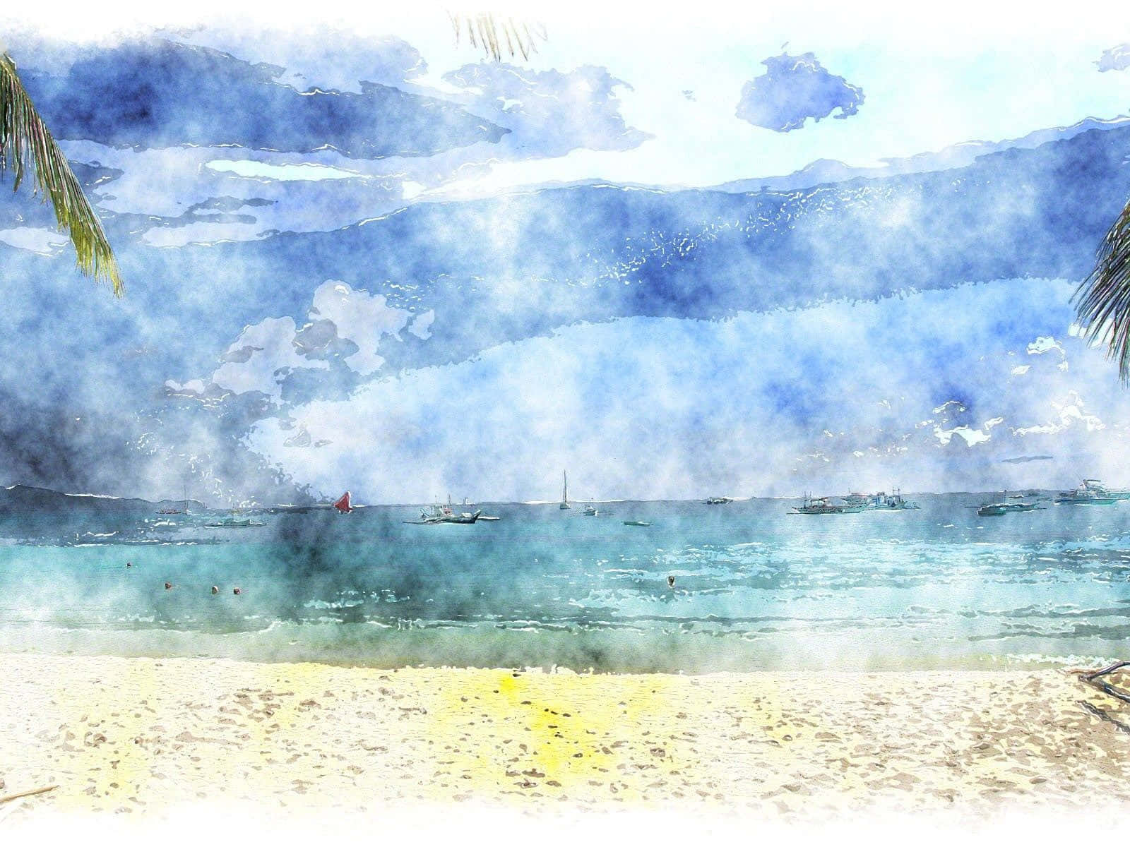 Beach With Golden Sands Blue Watercolor Background