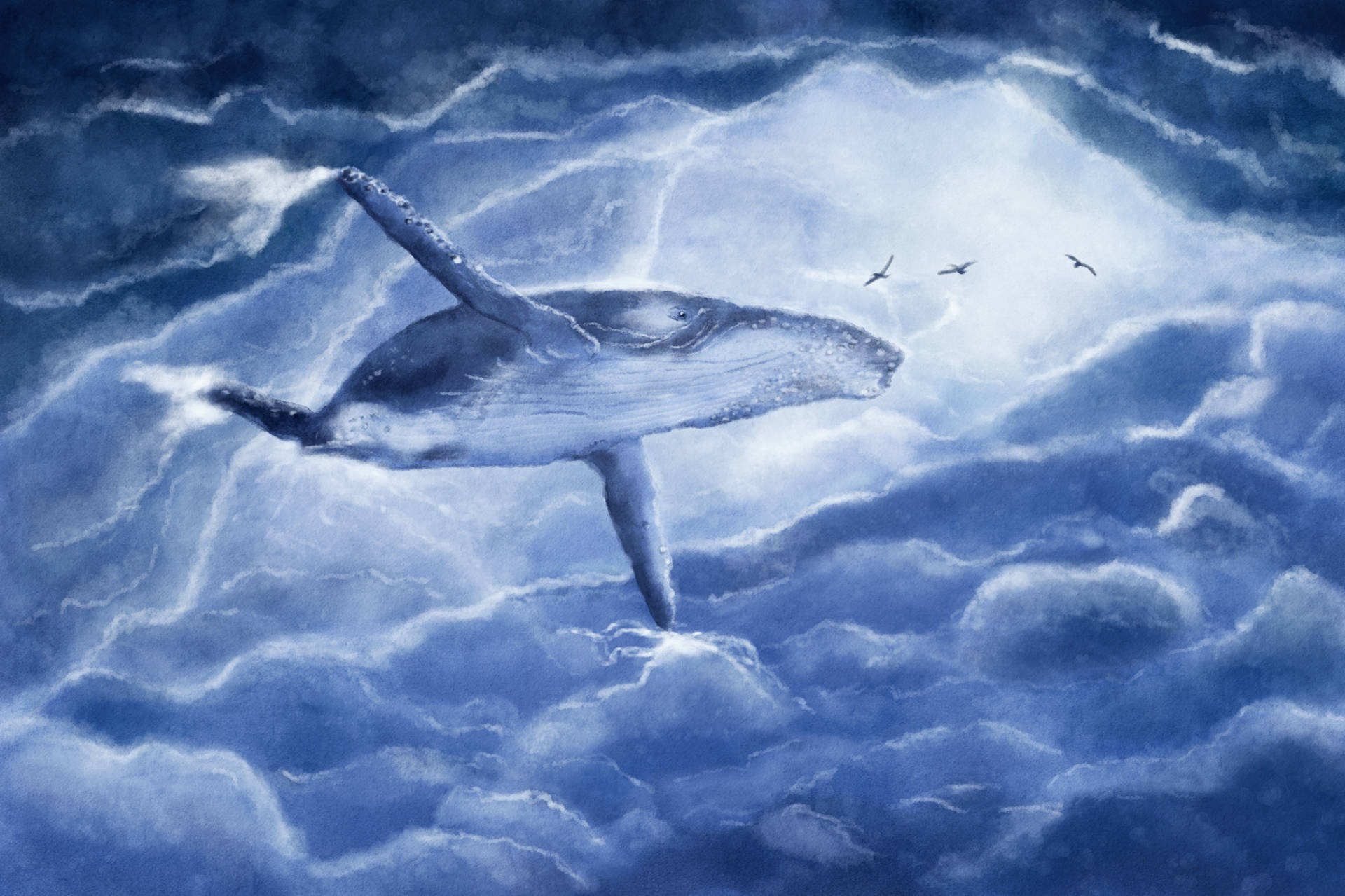 Balena Blu Che Vola Vicino Alle Nuvole Sfondo