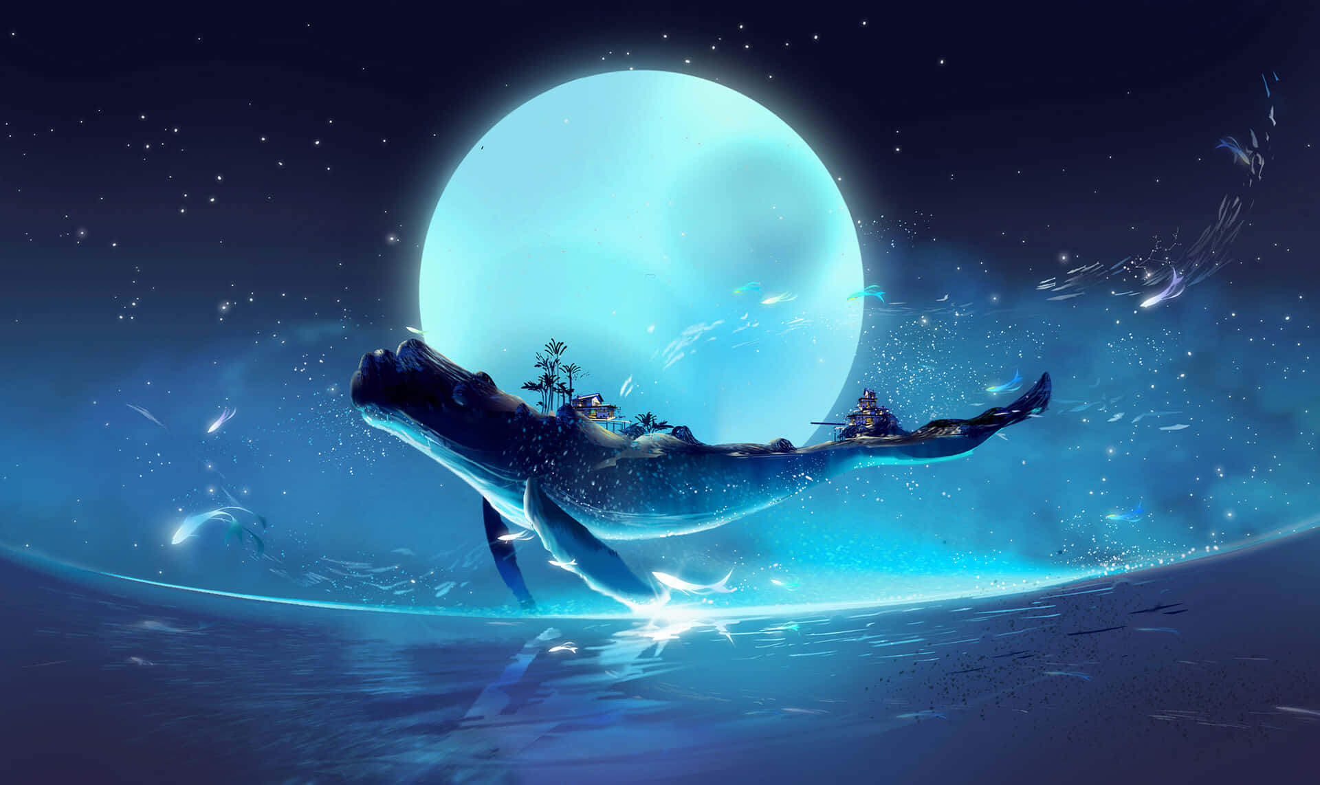 Blauerwal Mond Sprung Ozean Fantasy Kunst Bild.