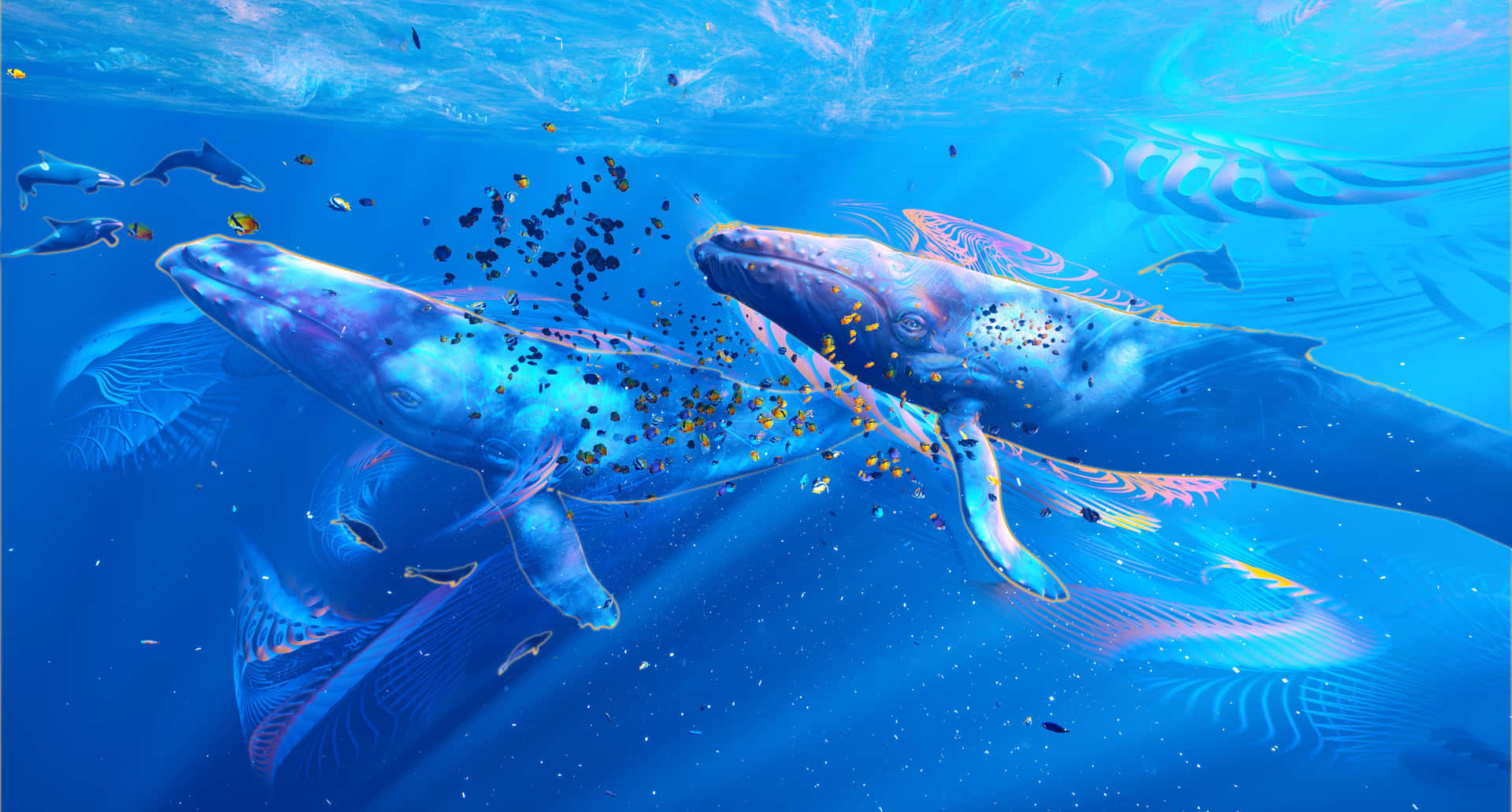 Immaginedigitale D'arte Di Una Balena Azzurra E Una Balena Gobba