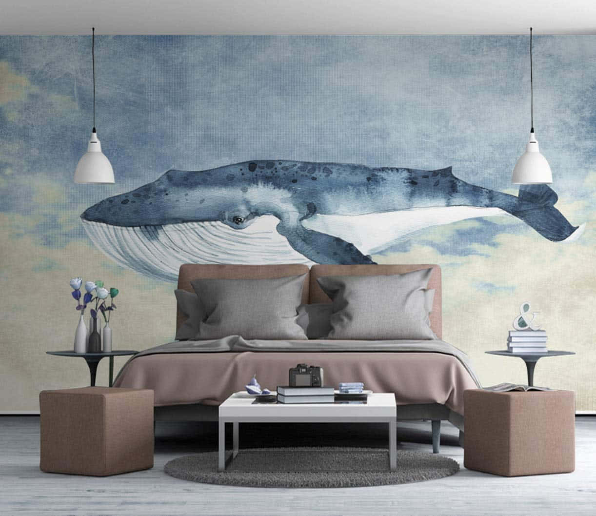 Immaginedi Un Murale Per Camera Da Letto Con Il Design Di Una Balena Blu Nell'oceano.