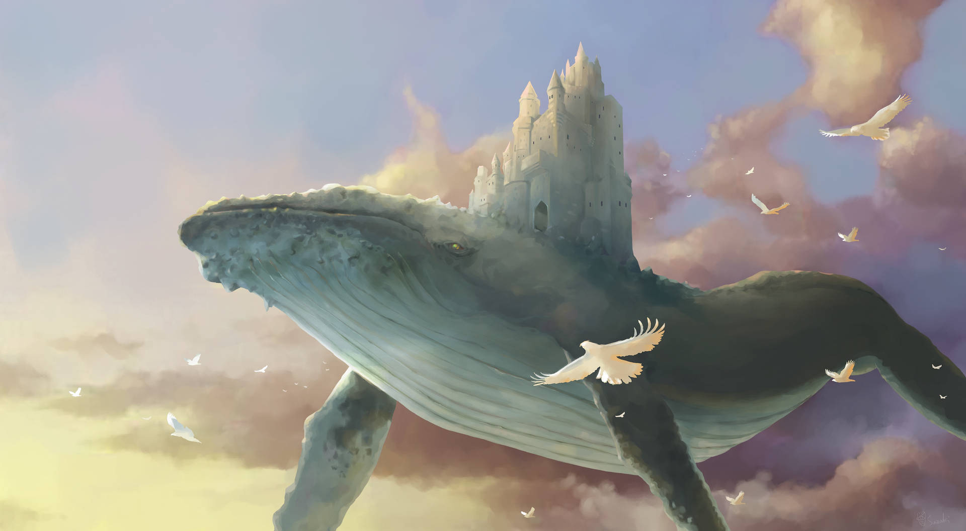 Blå hval med slot på ryggen svømmer over bjerge Wallpaper