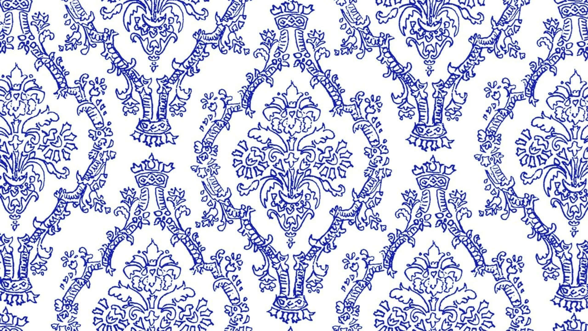 Blue White Damask Pattern Wallpaper