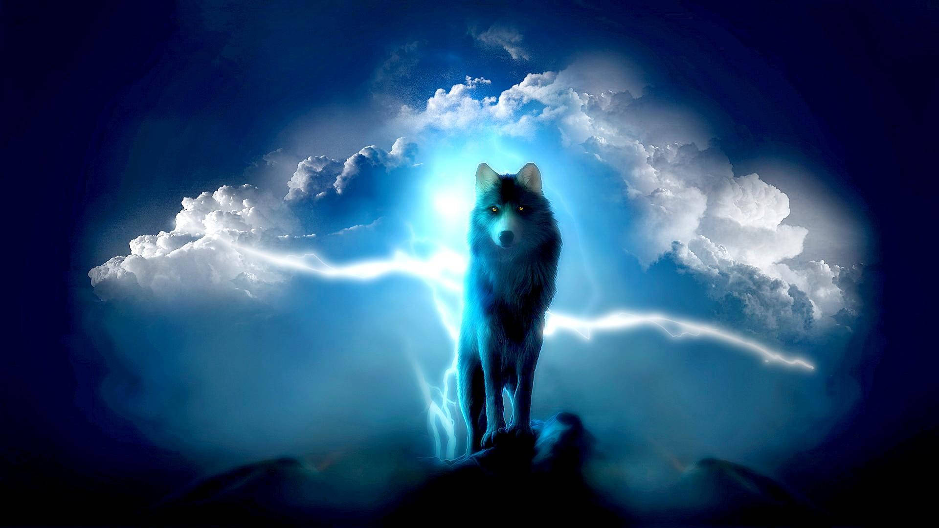 “A majestic blue wolf stares across the desolate landscape” Wallpaper