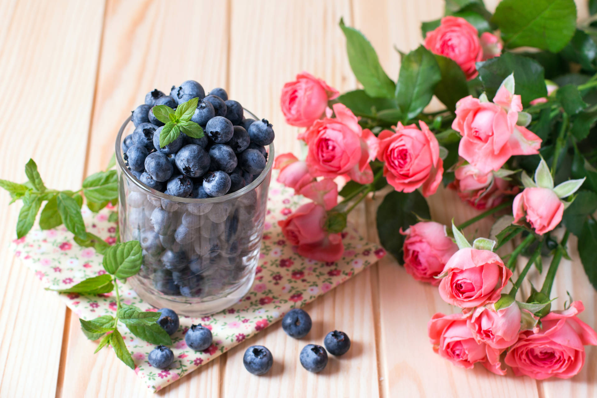 Blueberries And Roses Wallpaper