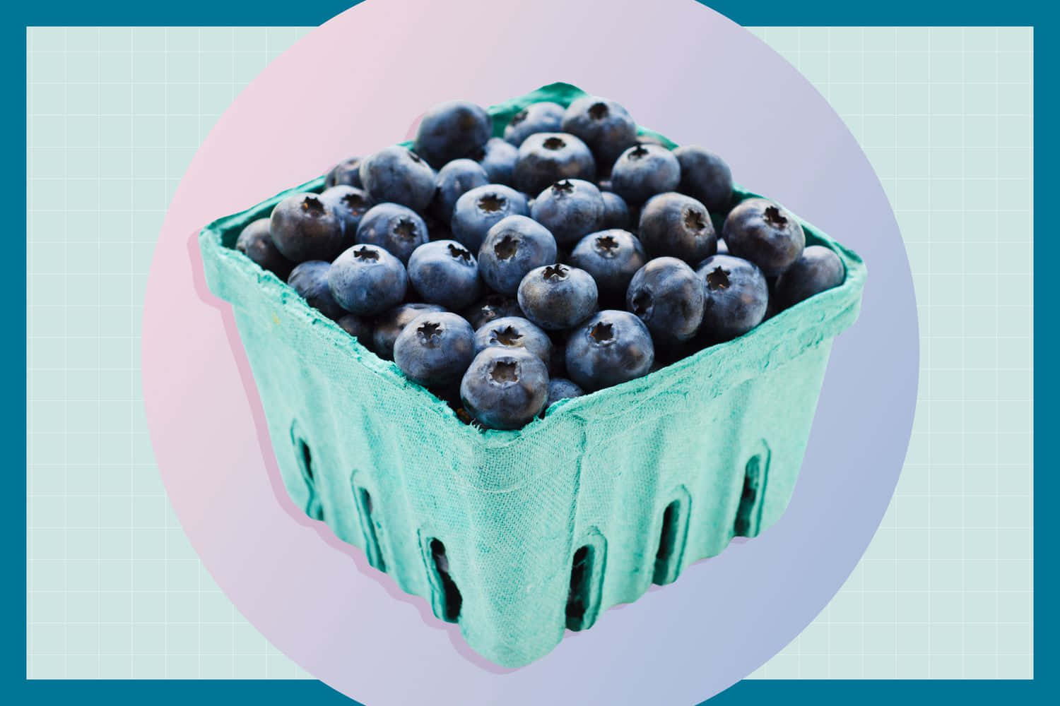 Blueberries In A Green Box On A Pink Background