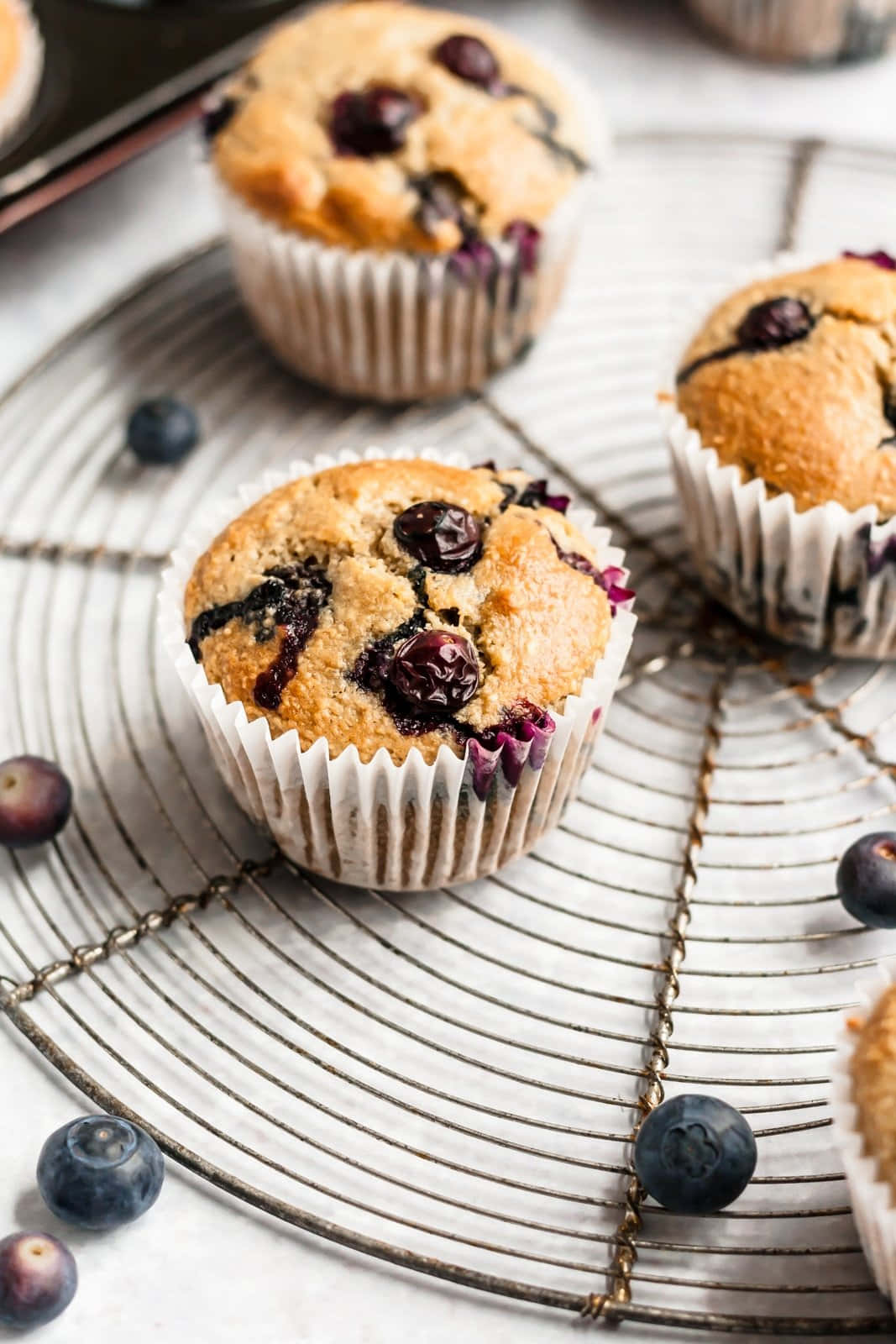 Deliciously sweet and fluffy homemade blueberry muffins Wallpaper