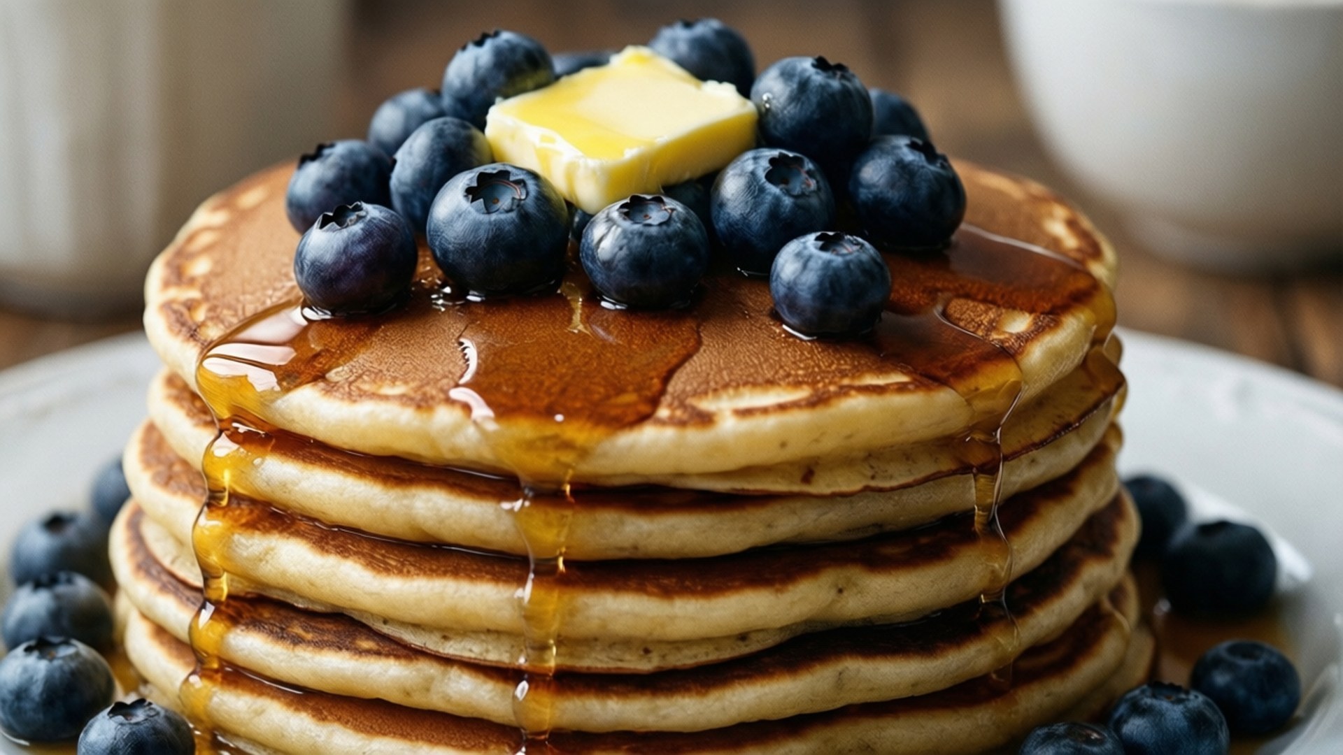 Stapel Blauwe Bessenpannenkoeken Achtergronden — Stapel bosbessenpannenkoeken met siroop en boter.