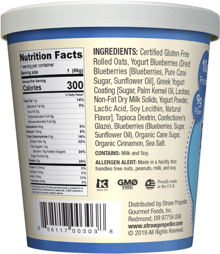 Blueberry Yogurt Oatmeal Nutrition Label PNG