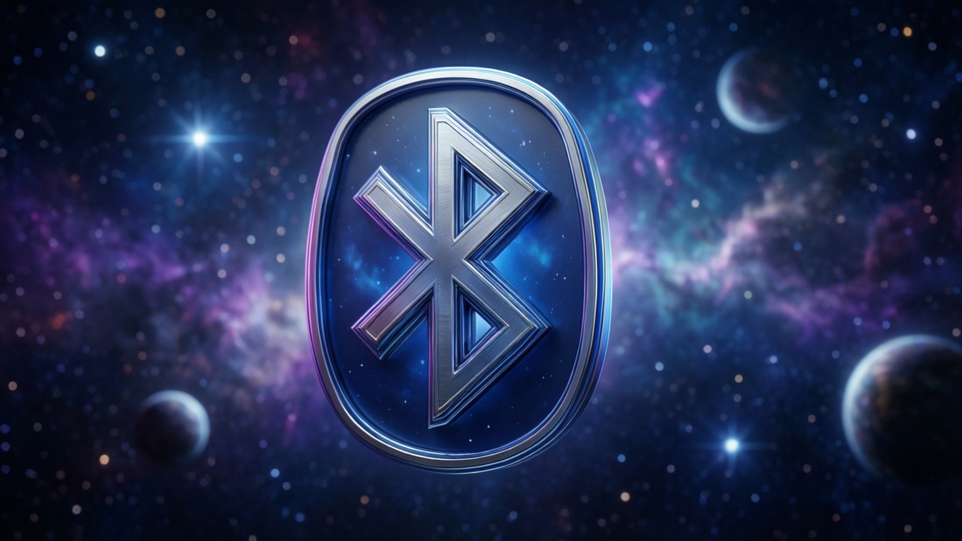 3D Bluetooth-logo zwevend tussen sterren en nevel.