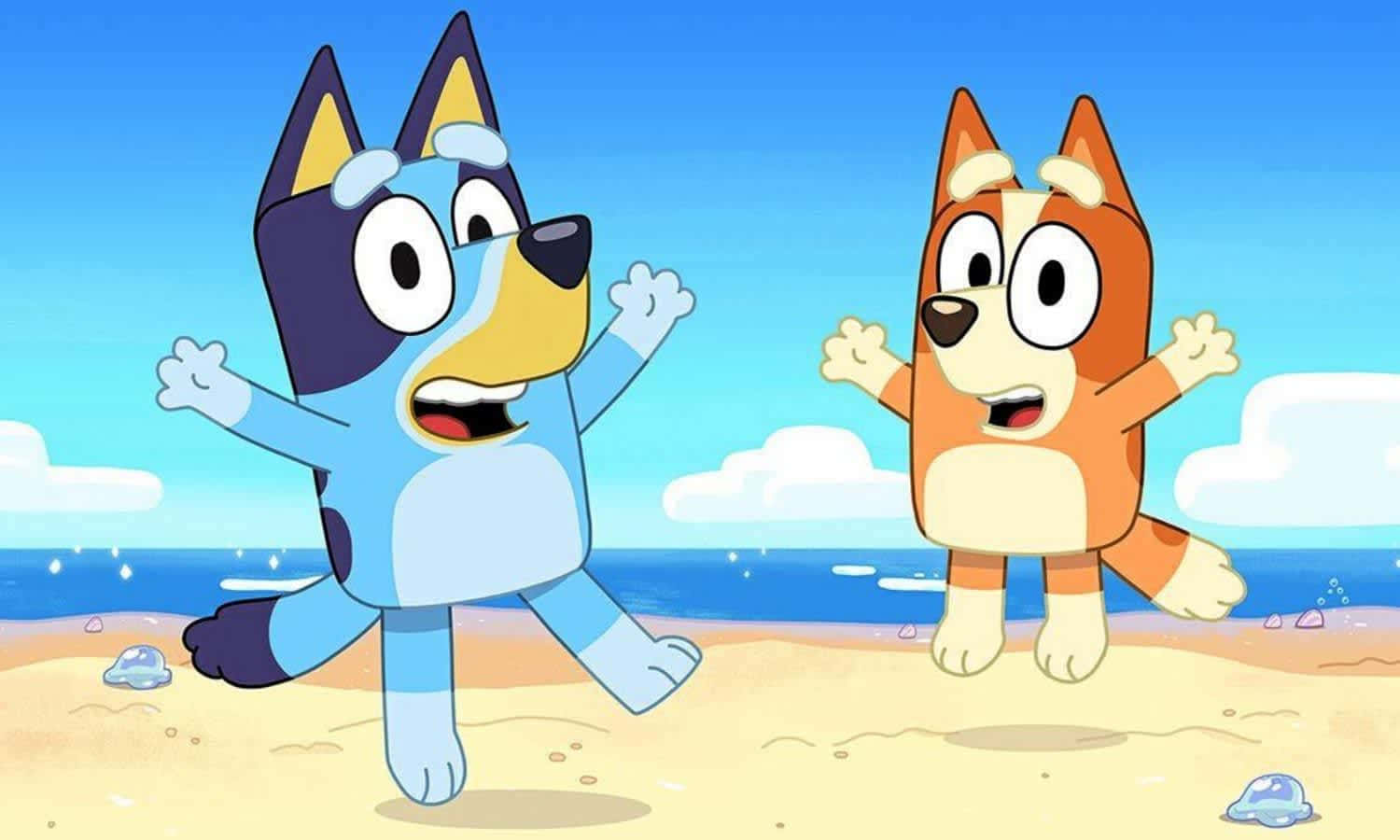 Two Cartoon Dogs Are Jumping On The Beach