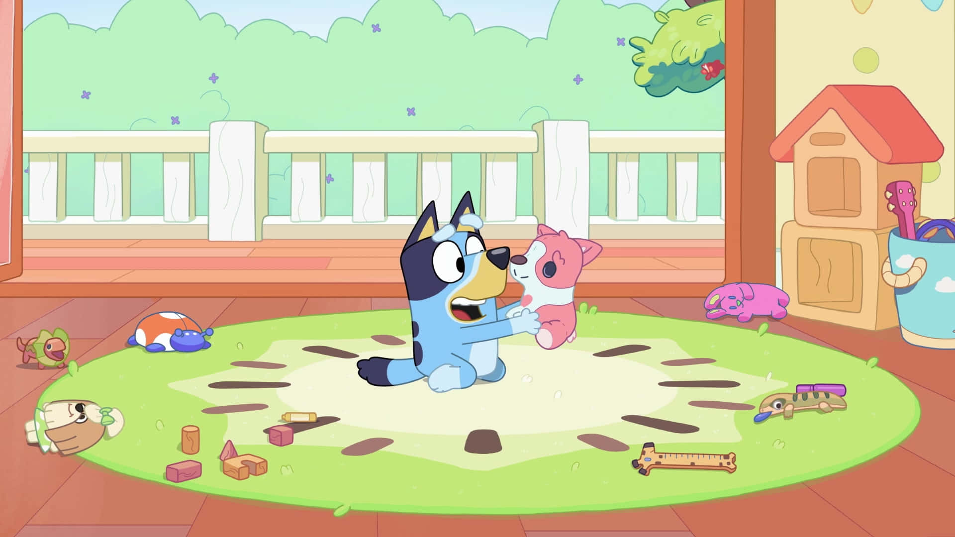 A Cartoon Dog Is Playing With Toys In A Room