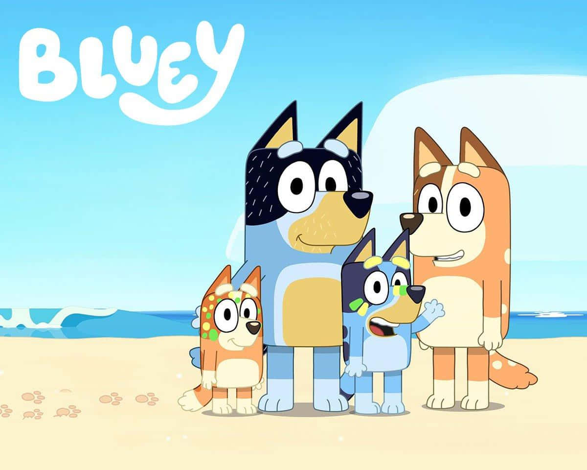 Bluey - A Cartoon Dog And Two Other Dogs On The Beach