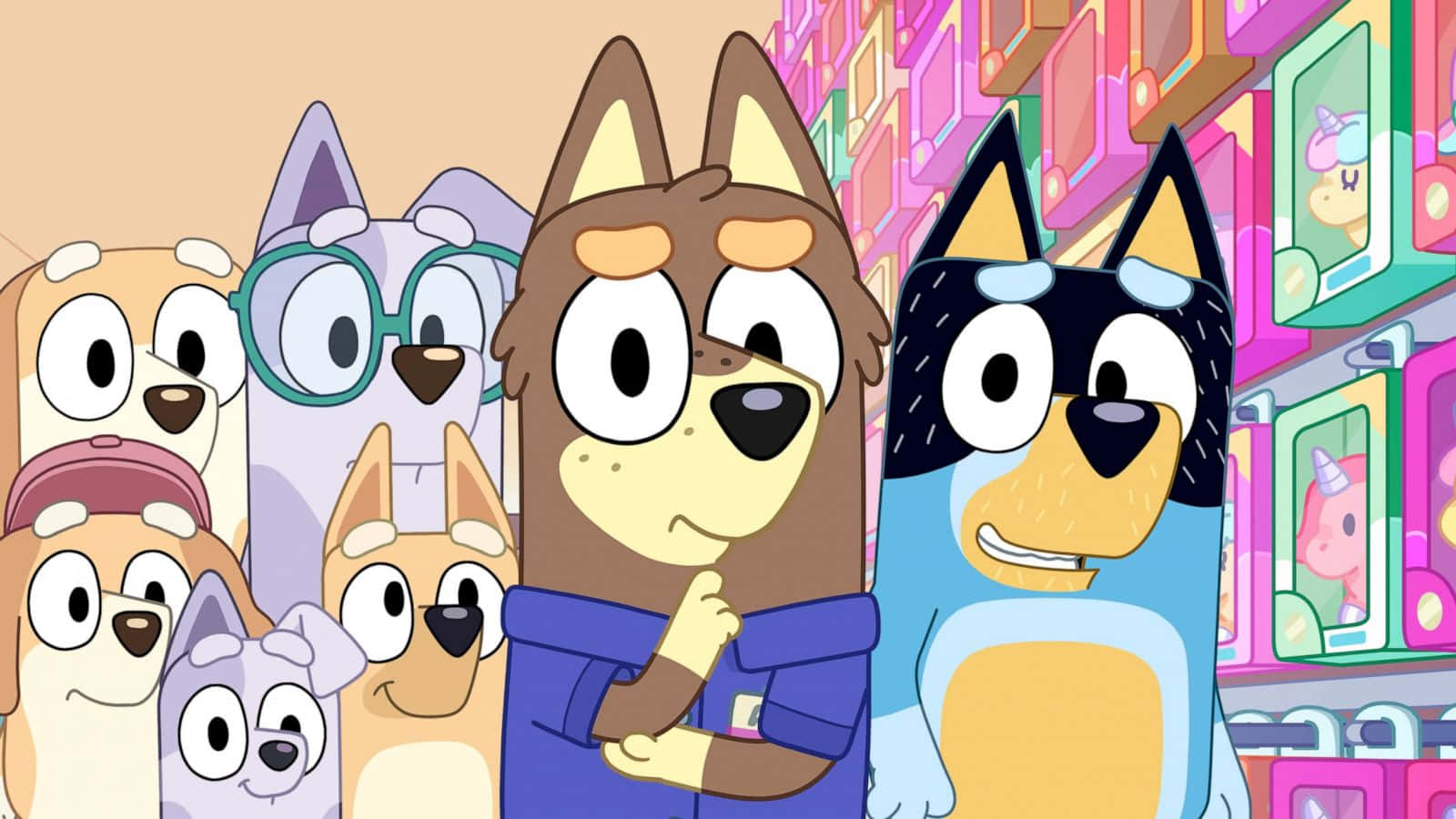 A Group Of Cartoon Dogs Standing In Front Of A Store