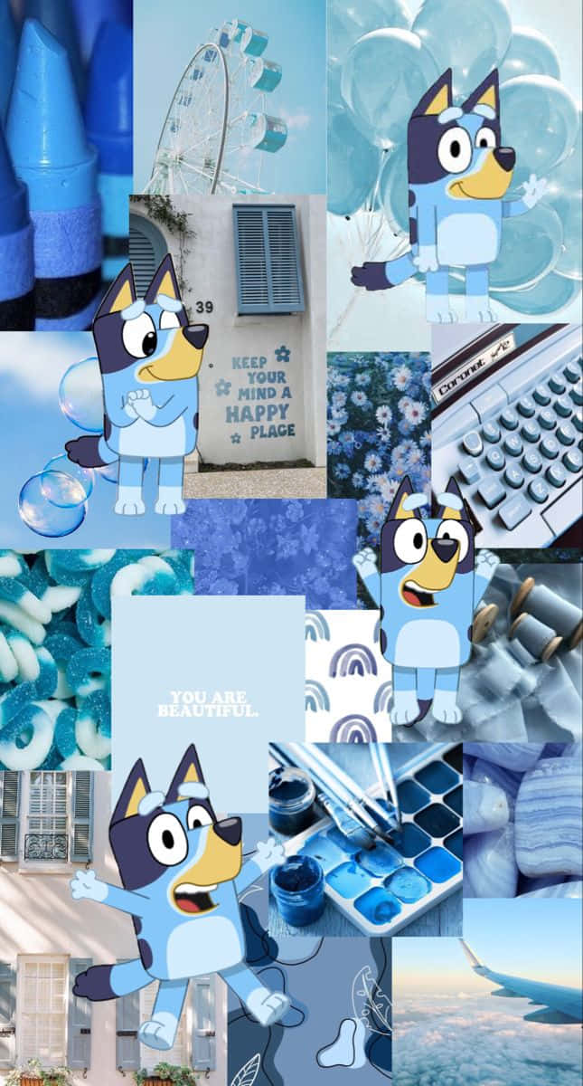 Bluey Character Collage Blue Aesthetic Wallpaper