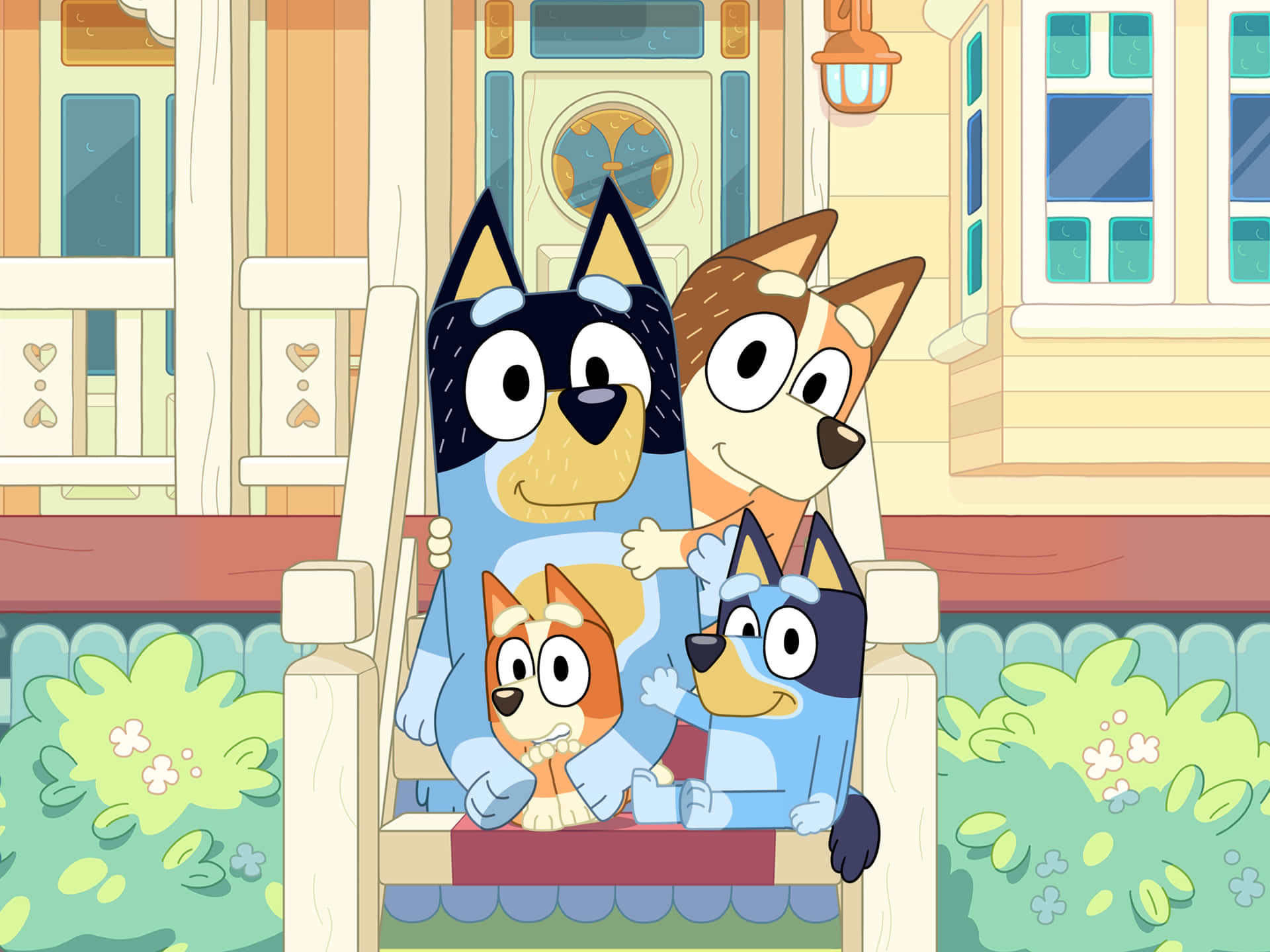 A Cartoon Family Sits On The Steps Of A House
