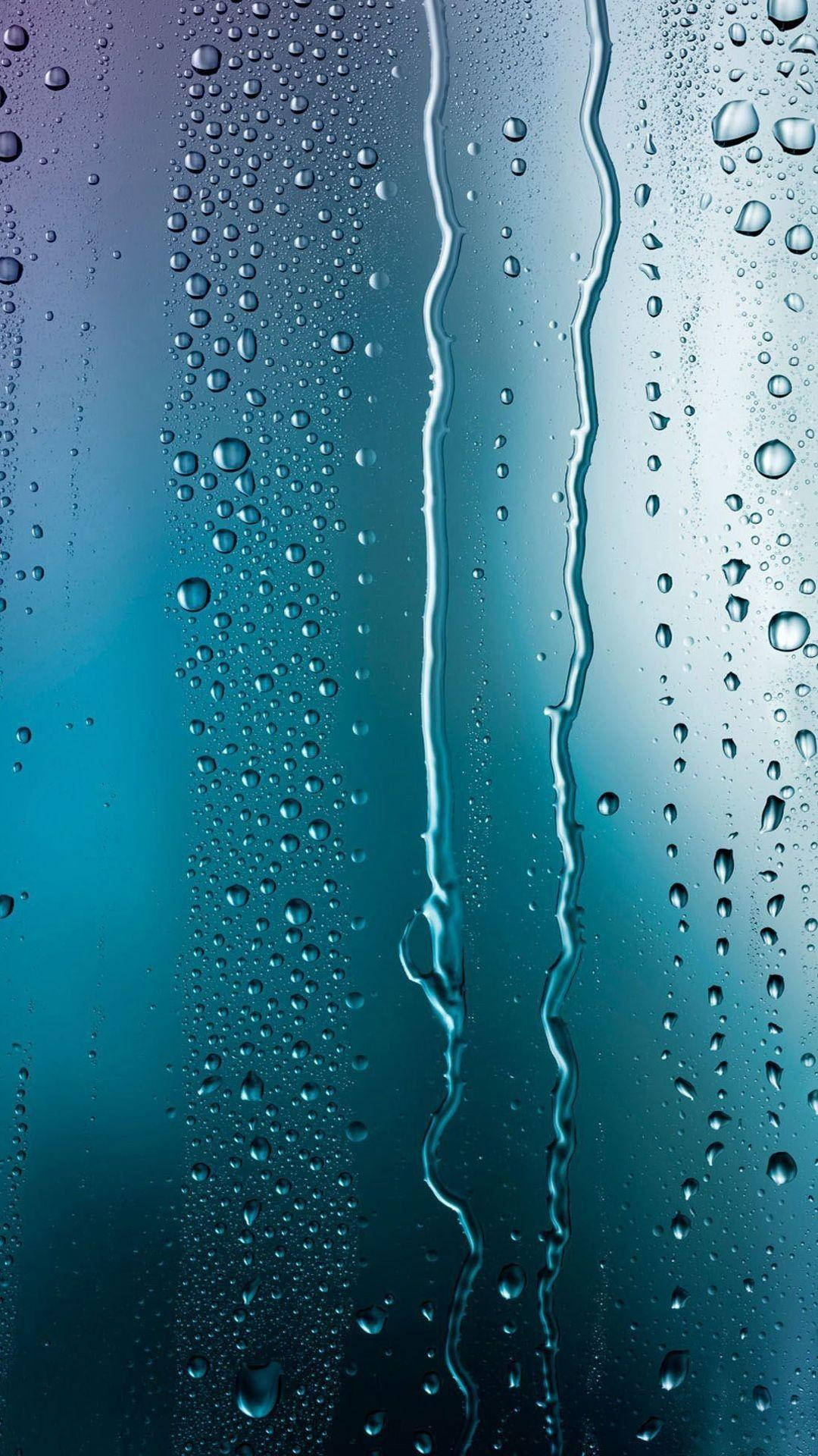 Panede Vidrio Con Temática Azul Y Gotas De Lluvia. Fondo de pantalla