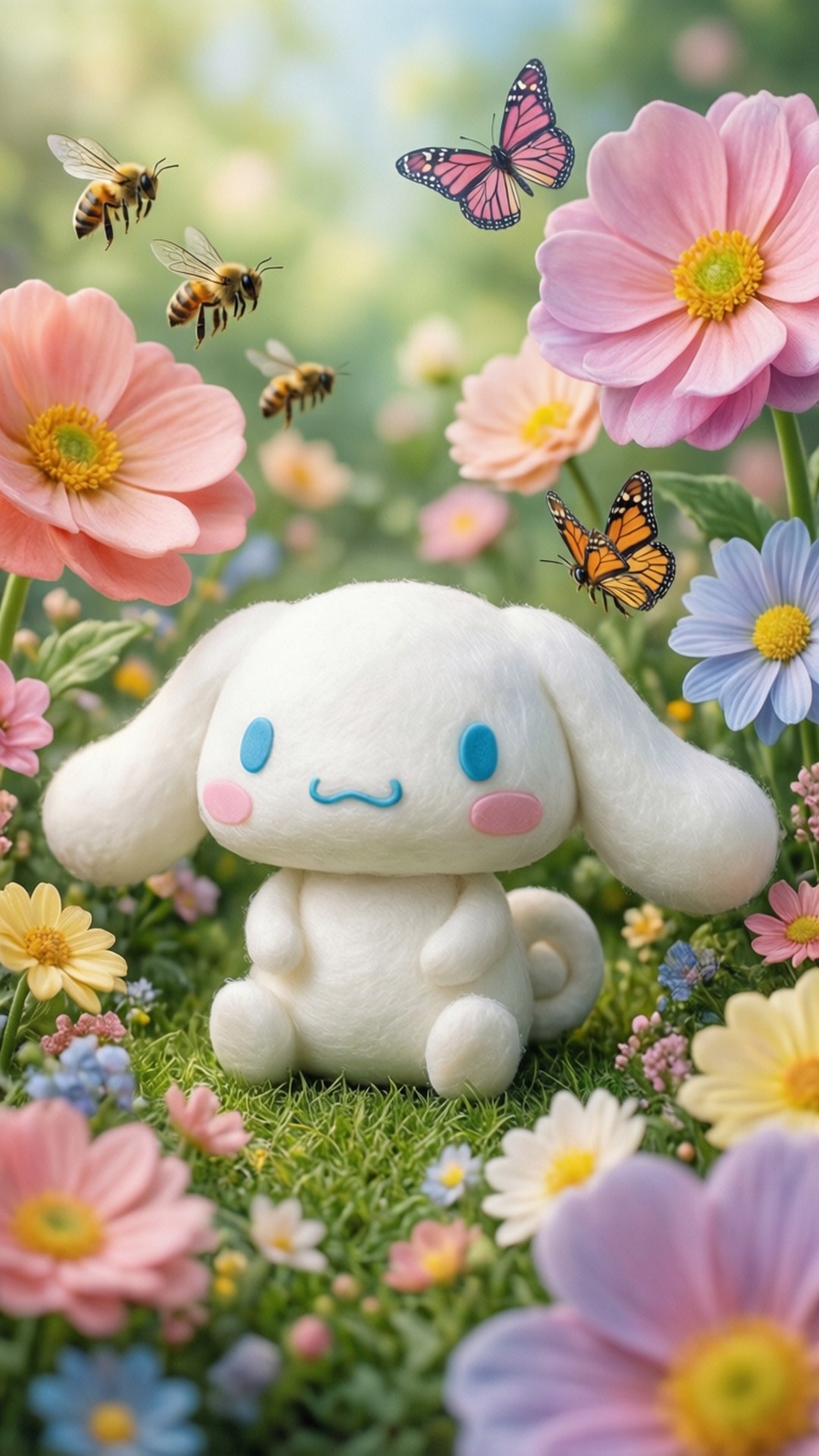 Garden of Flowers Wallpaper — A fluffy white bunny plush sits in a vibrant meadow surrounded by pink blue and yellow flowers with bees and butterflies fluttering around.