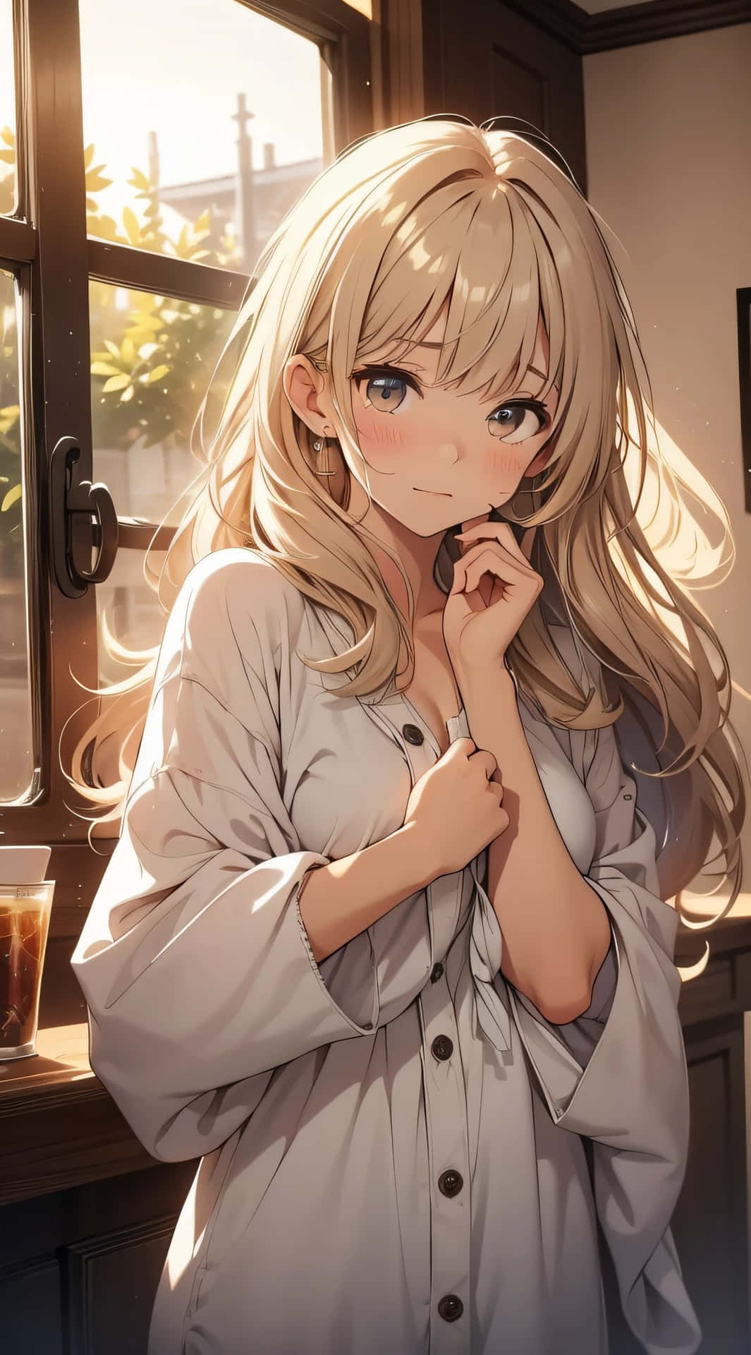 Blushing Anime Girlin Sunlight Wallpaper